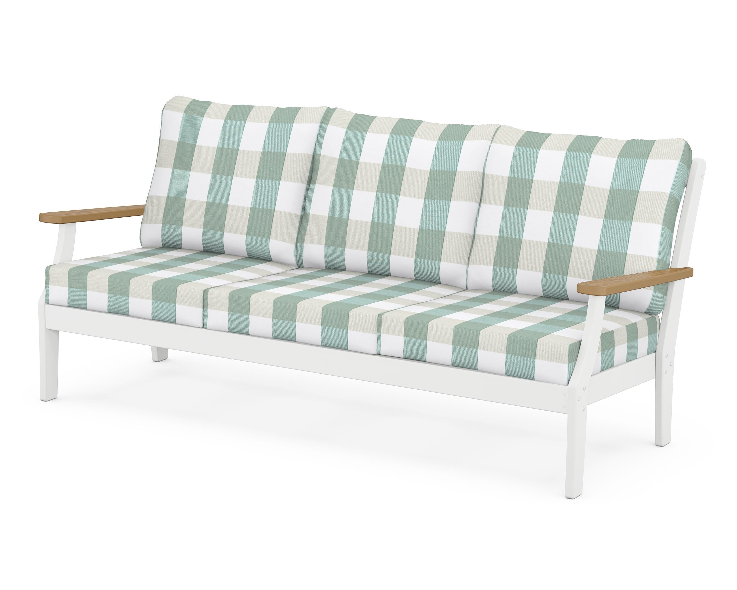 POLYWOOD® Braxton Deep Seating Sofa in White / Natural / Buffalo Plaid Glacier Spa