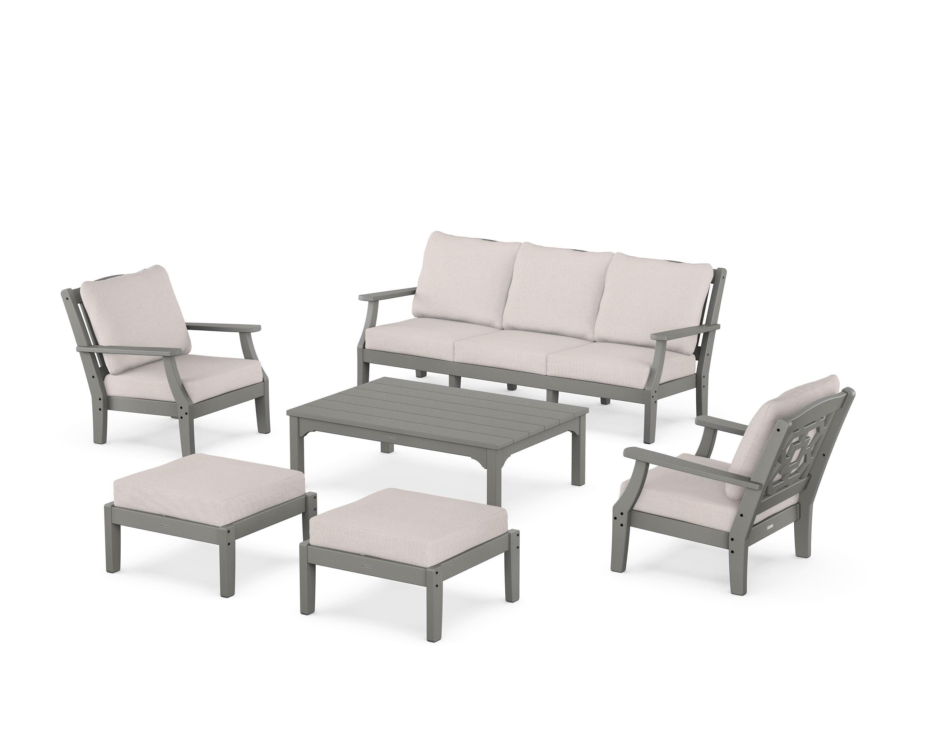 Martha Stewart by POLYWOOD® Chinoiserie 6-Piece Lounge Sofa Set in Slate Grey / Dune Burlap