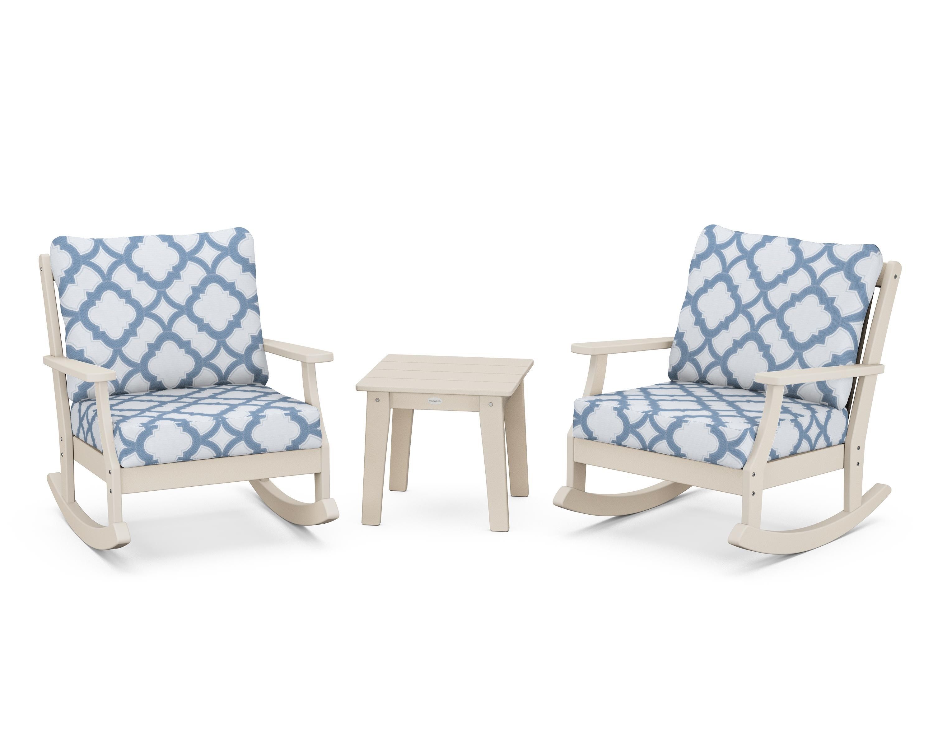 POLYWOOD® Braxton 3-Piece Deep Seating Rocker Set in Sand / Trellis Sky Blue