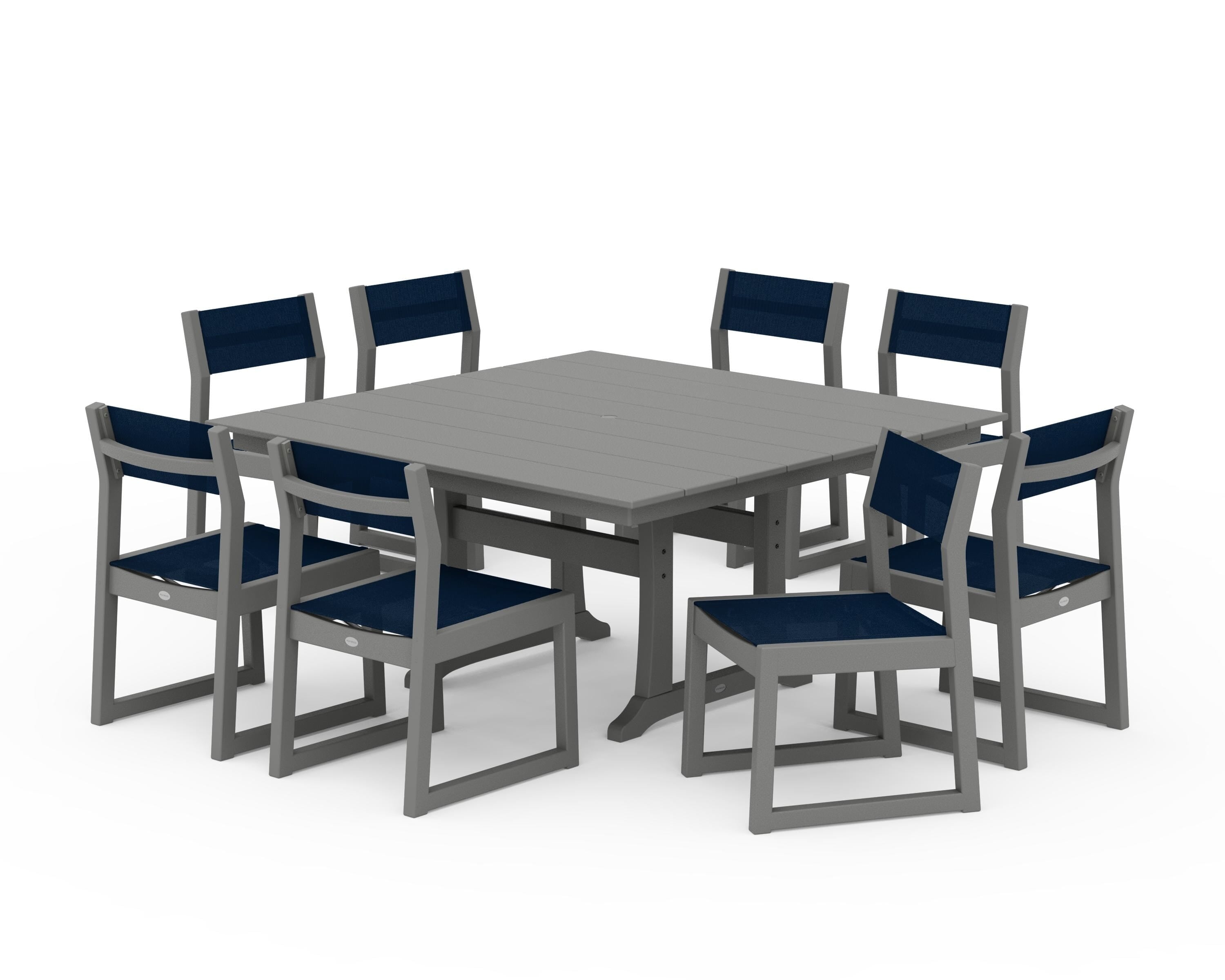 POLYWOOD® EDGE Sling Side Chair 9-Piece Farmhouse Trestle Dining Set in Slate Grey / Navy Blue Sling