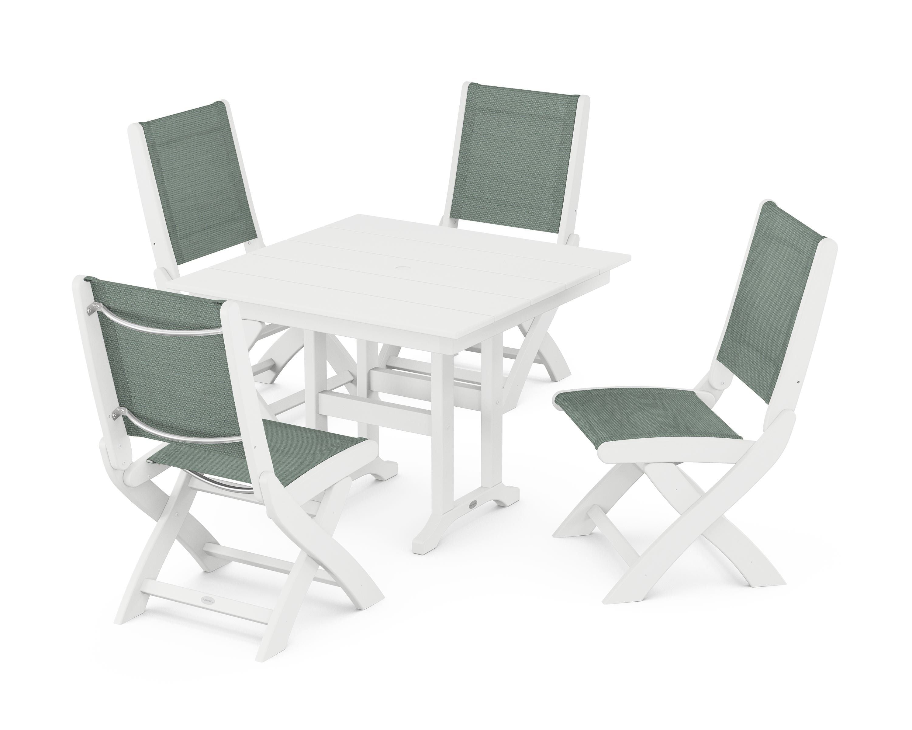 POLYWOOD® Coastal Folding Side Chair 5-Piece Farmhouse Dining Set in White / Dupioni Sea Mist Sling