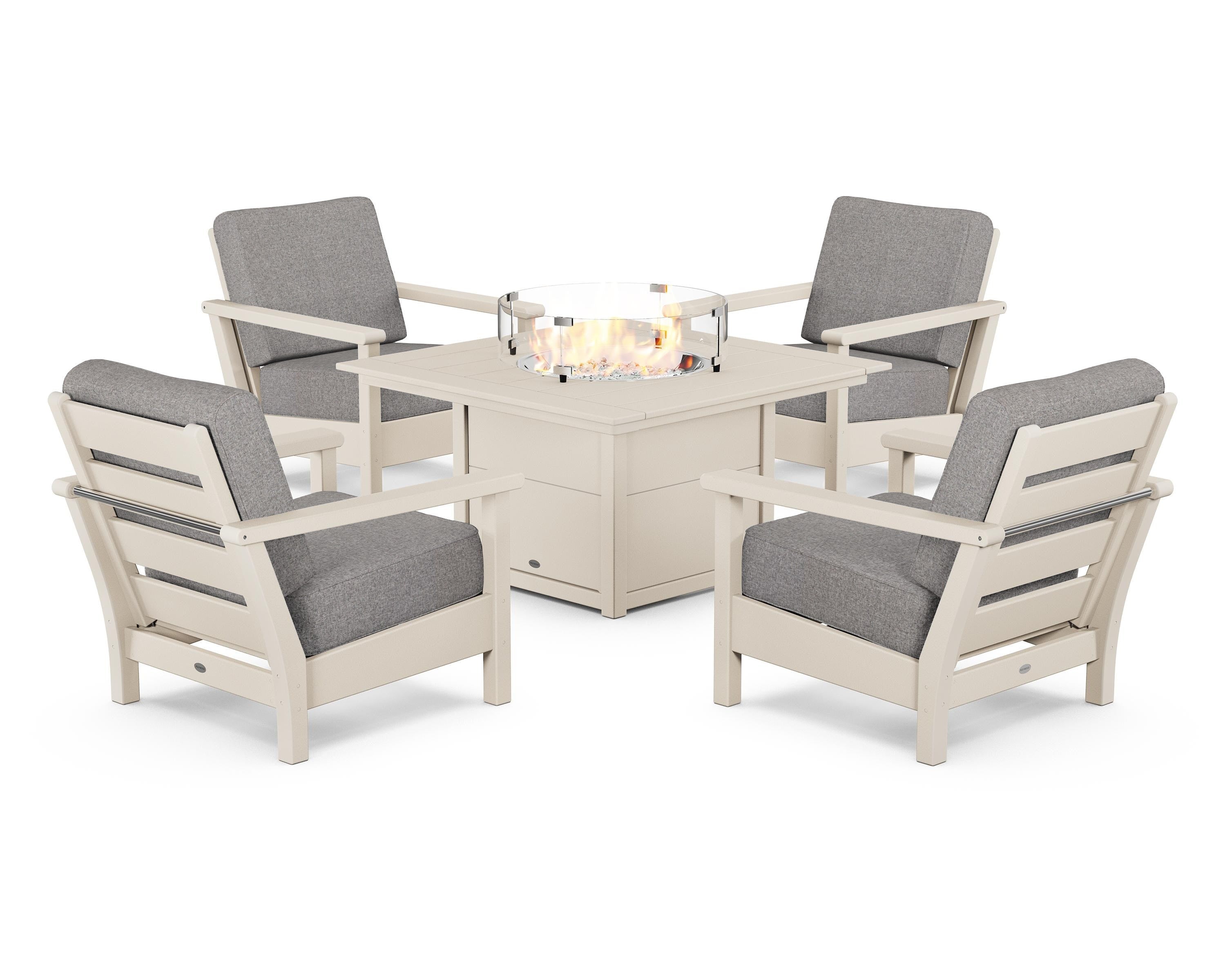 POLYWOOD® Harbour 5-Piece Conversation Set with Fire Pit Table in Sand / Grey Mist