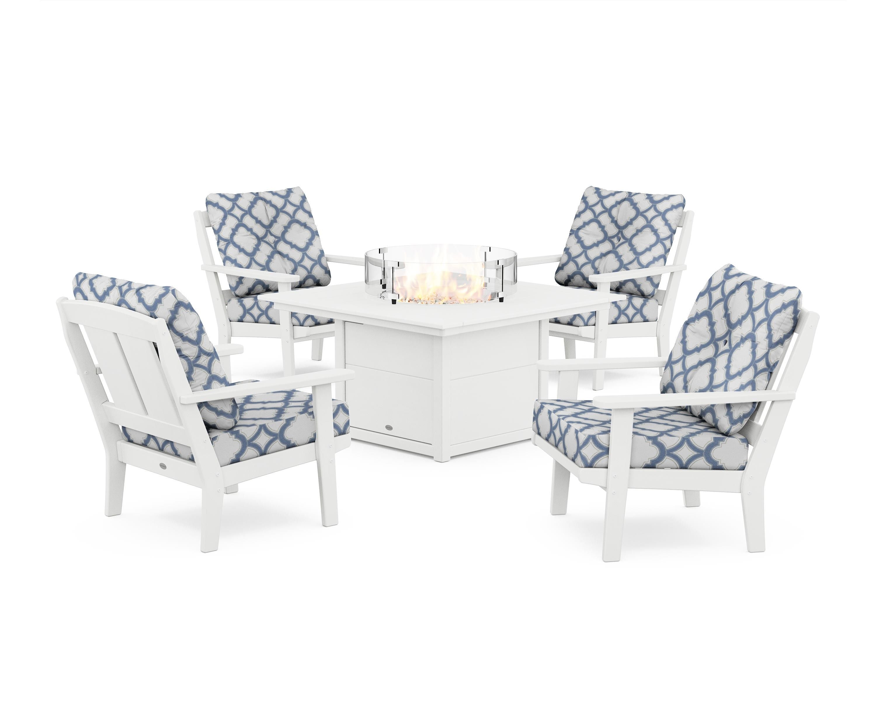 POLYWOOD® Mission 5-Piece Deep Seating Set with Fire Pit Table in White / Trellis Sky Blue