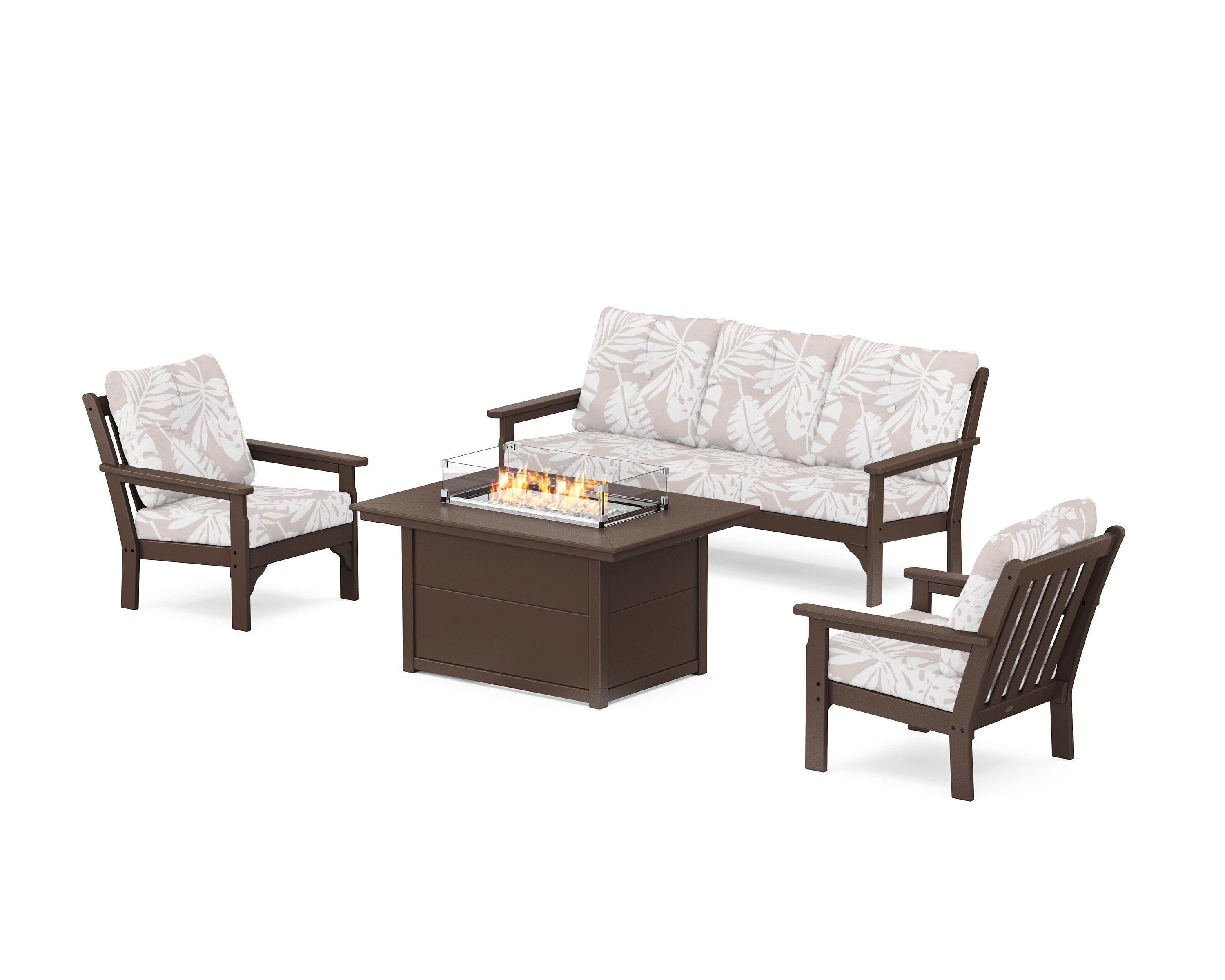POLYWOOD® Vineyard Deep Seating Fire Pit Table Set in Mahogany / Leaf Dune Burlap