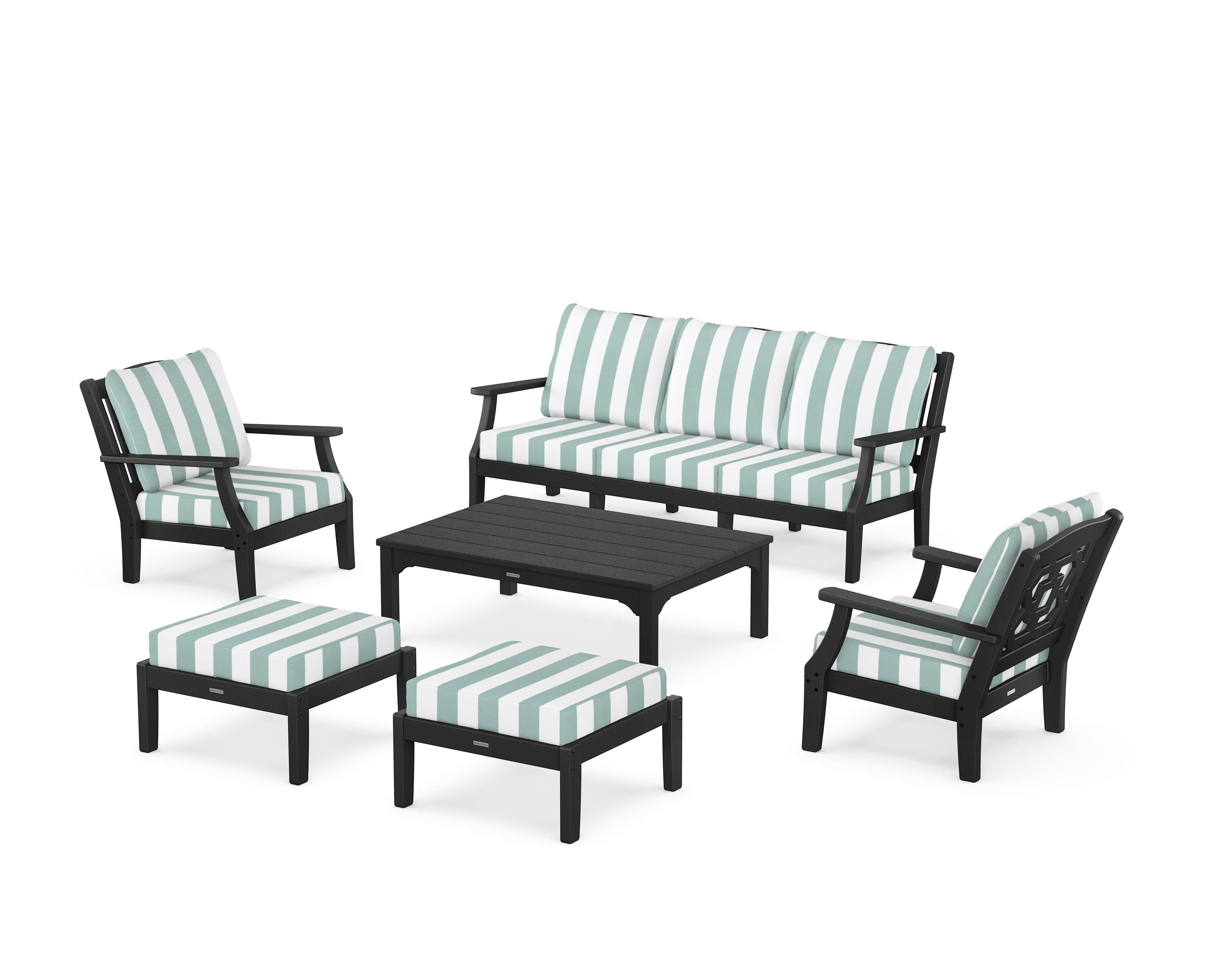 Martha Stewart by POLYWOOD® Chinoiserie 6-Piece Lounge Sofa Set in Black / Cabana Stripe Glacier Spa
