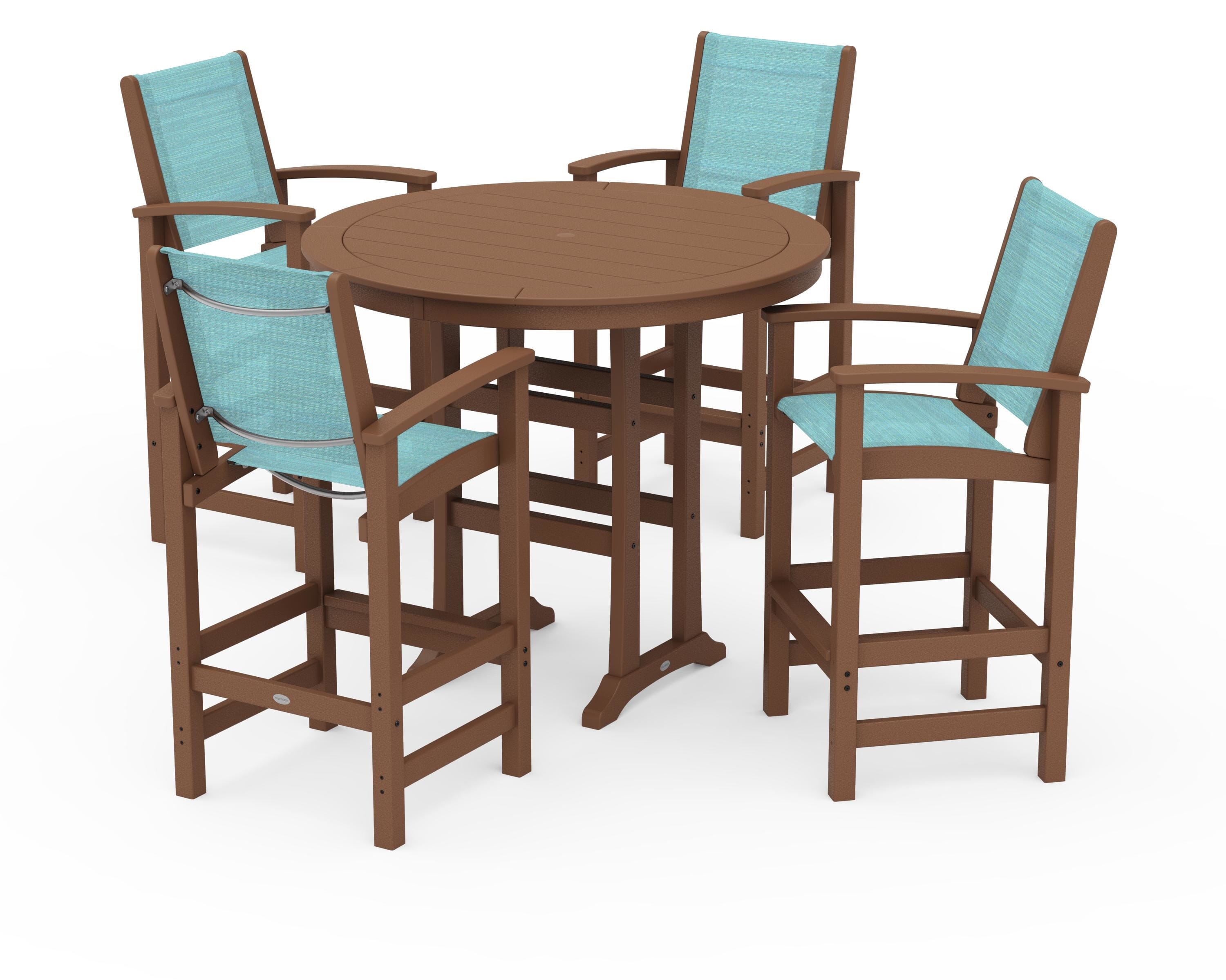 POLYWOOD® Coastal 5-Piece Nautical Trestle Bar Set in Teak / Dupioni Aquamarine Sling