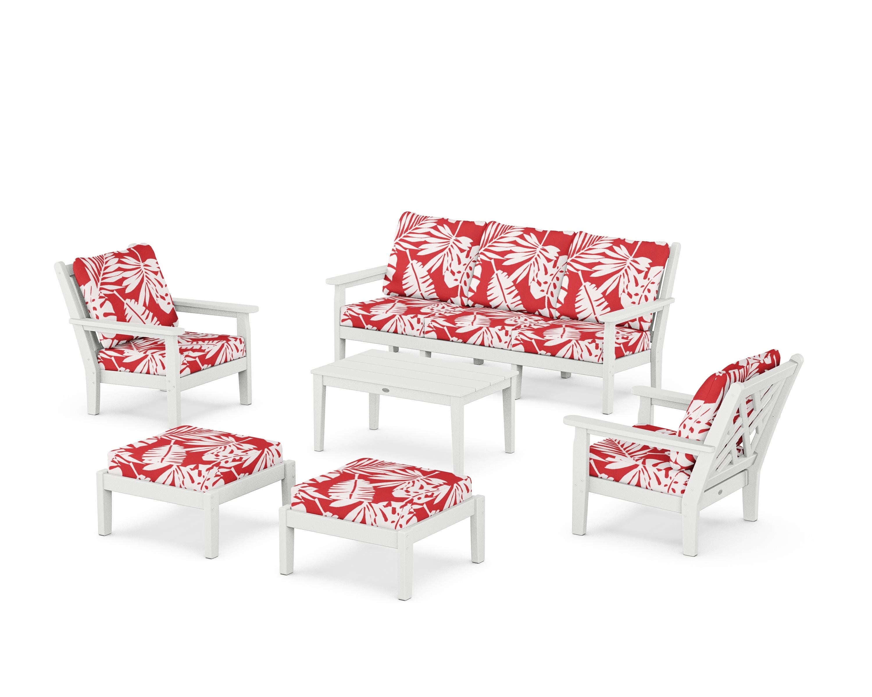 POLYWOOD® Chippendale 6-Piece Lounge Sofa Set in White / Leaf Crimson