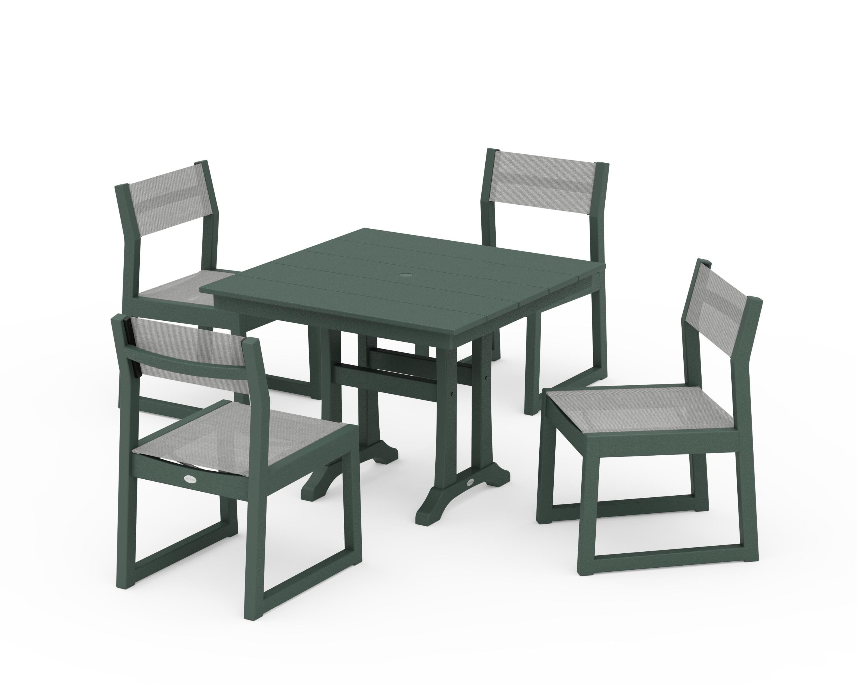 POLYWOOD® EDGE Sling 5-Piece Farmhouse Trestle Side Chair Dining Set in Green / Metallic Sling