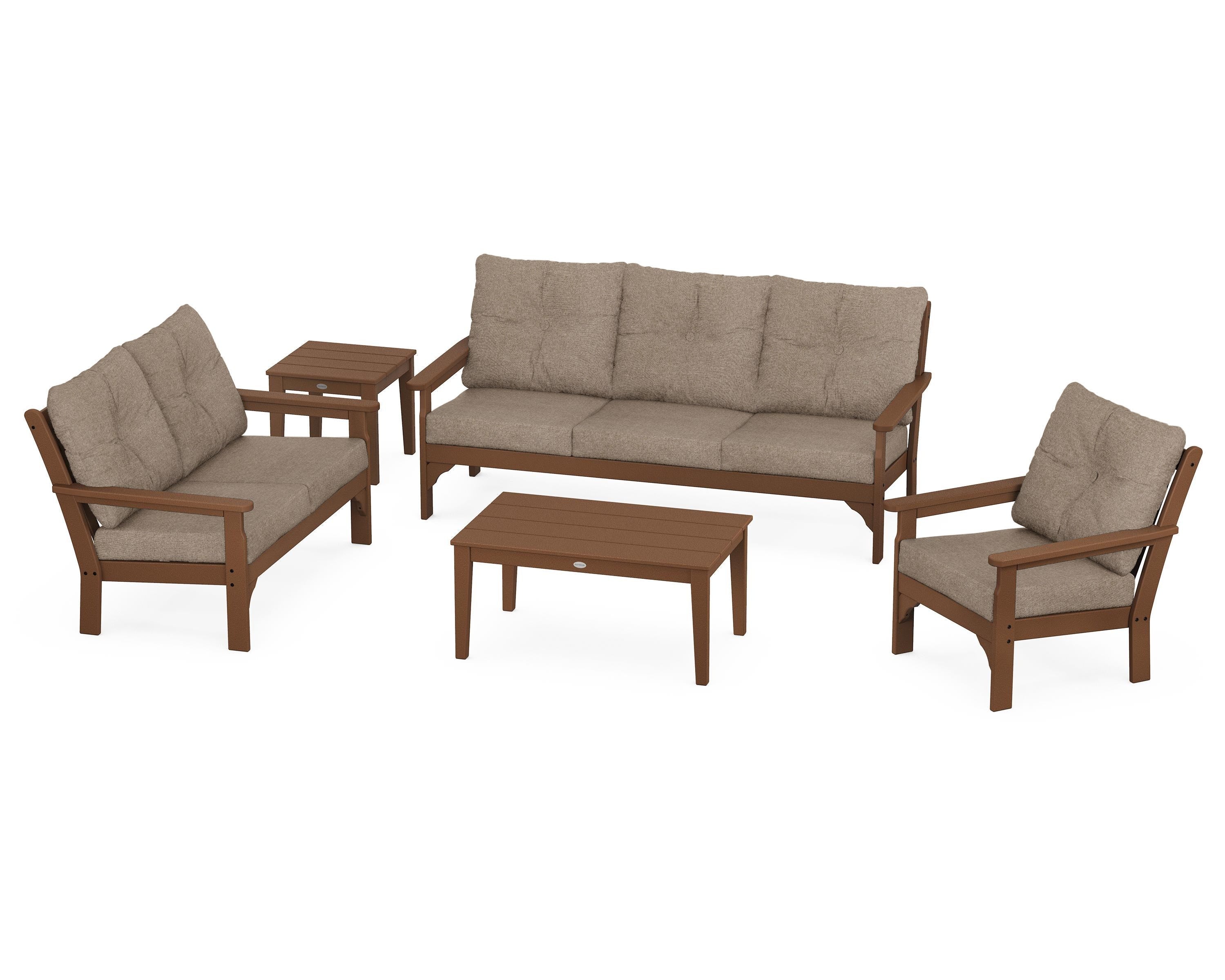POLYWOOD® Vineyard 5 Piece Deep Seating Set in Teak / Spiced Burlap