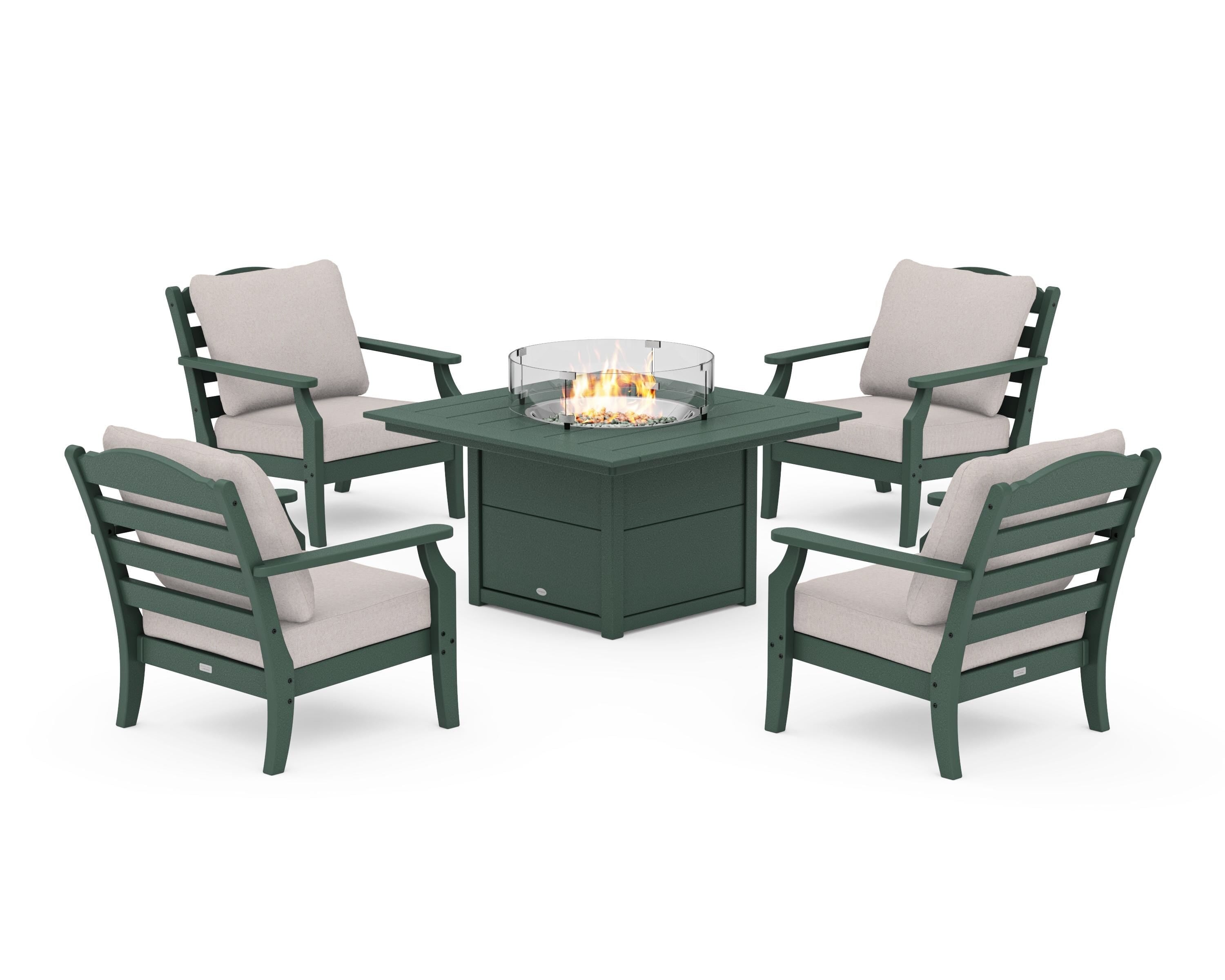 Draper James™ by POLYWOOD® Savannah 5-Piece Deep Seating Set with Fire Pit Table in Green / Dune Burlap