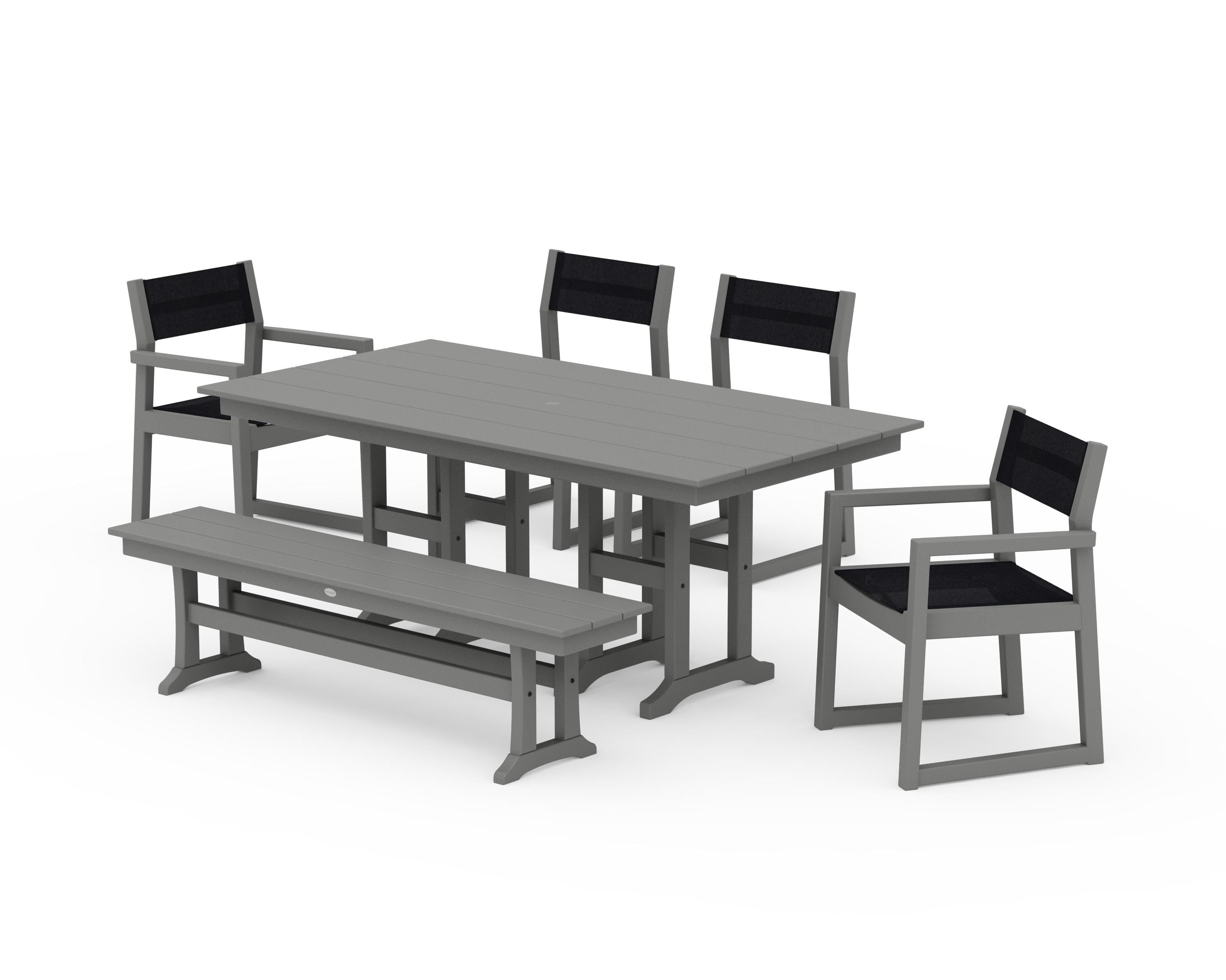 POLYWOOD® EDGE Sling 6-Piece Farmhouse Dining Set in Slate Grey / Black Sling