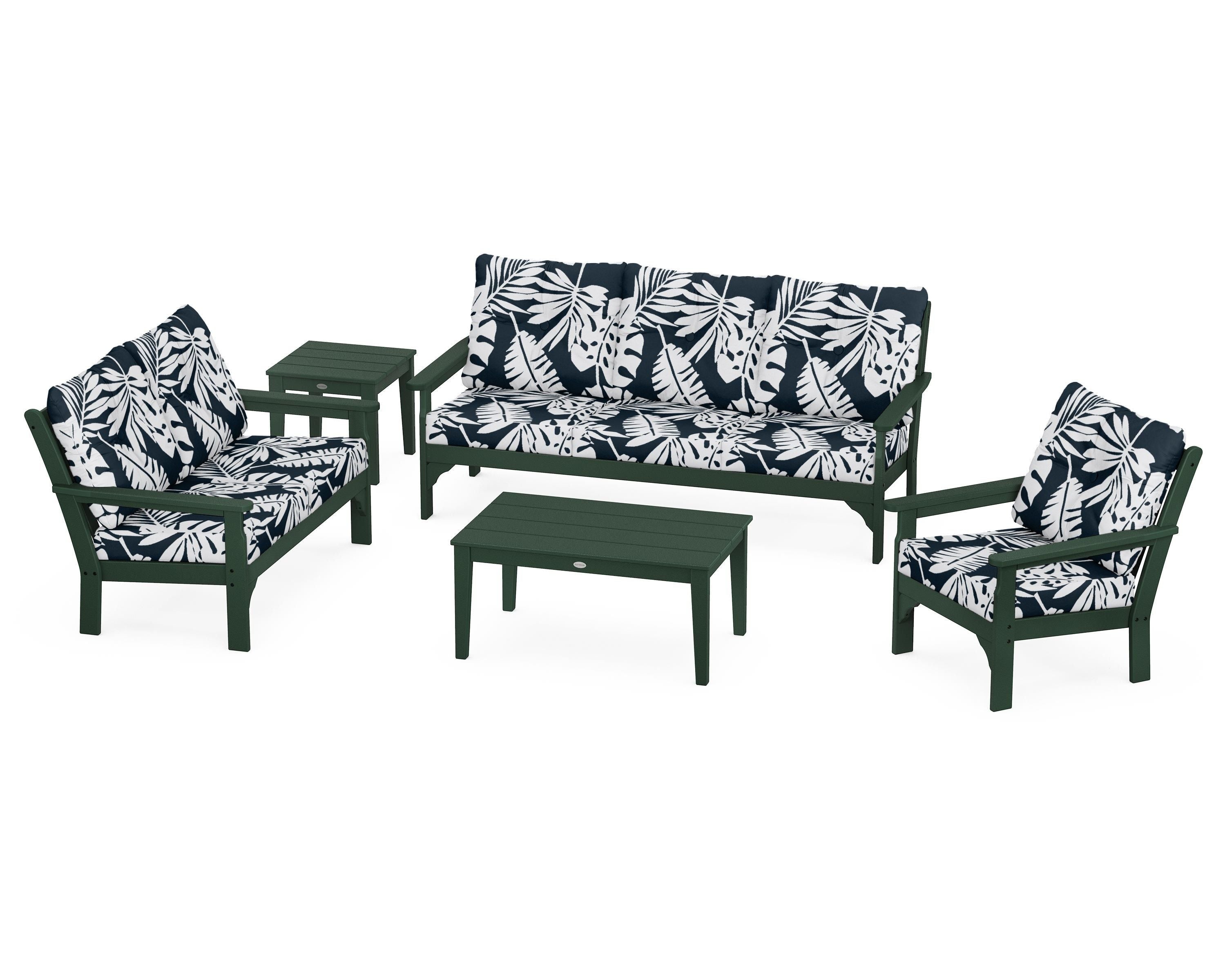 POLYWOOD® Vineyard 5 Piece Deep Seating Set in Green / Leaf Marine Indigo