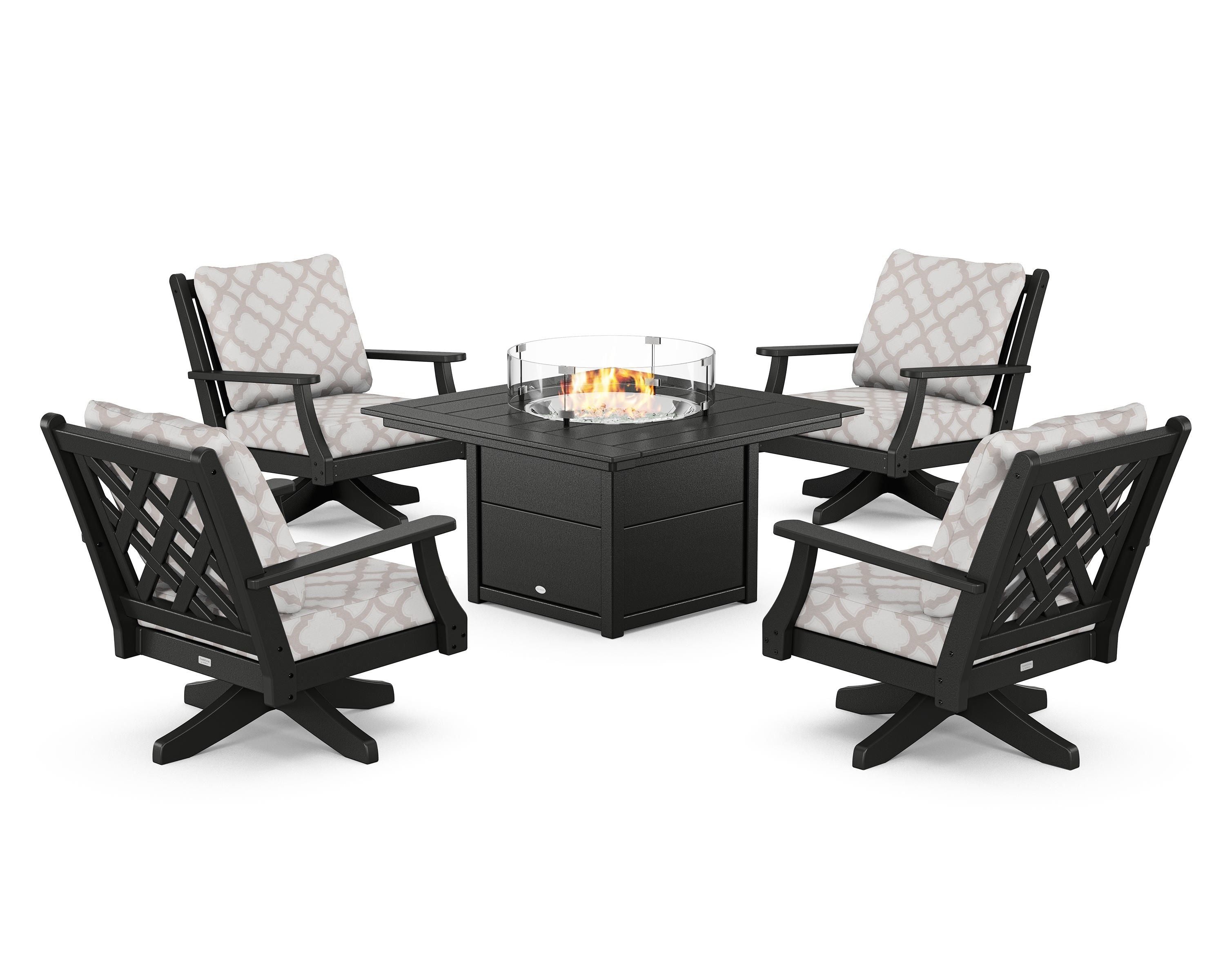 Country Living Wovendale 5-Piece Deep Seating Swivel Conversation Set with Fire Pit Table in Black / Trellis Dune Burlap
