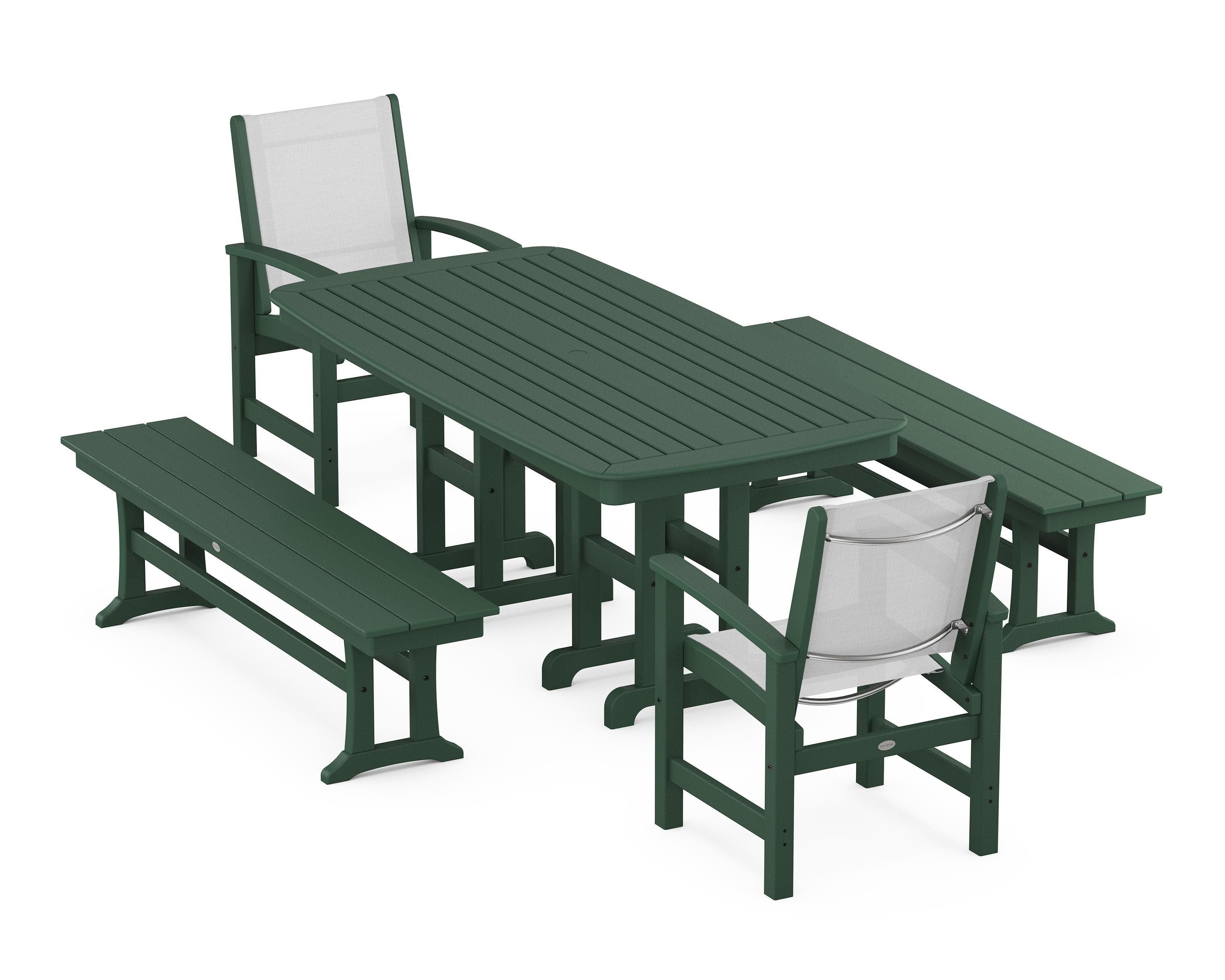 POLYWOOD® Coastal 5-Piece Dining Set in Green / White Sling