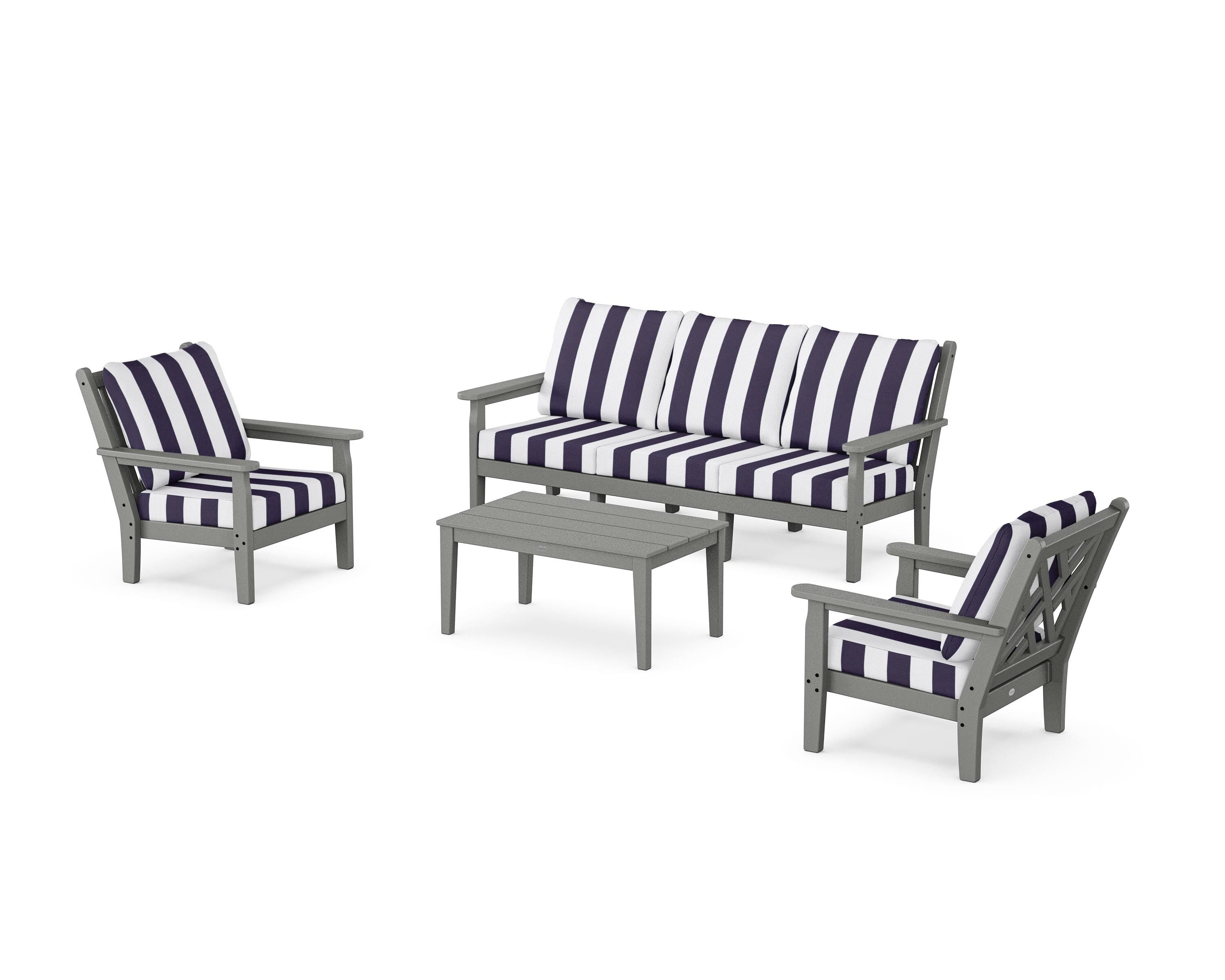 POLYWOOD® Chippendale 4-Piece Deep Seating Set with Sofa in Slate Grey / Cabana Stripe Navy