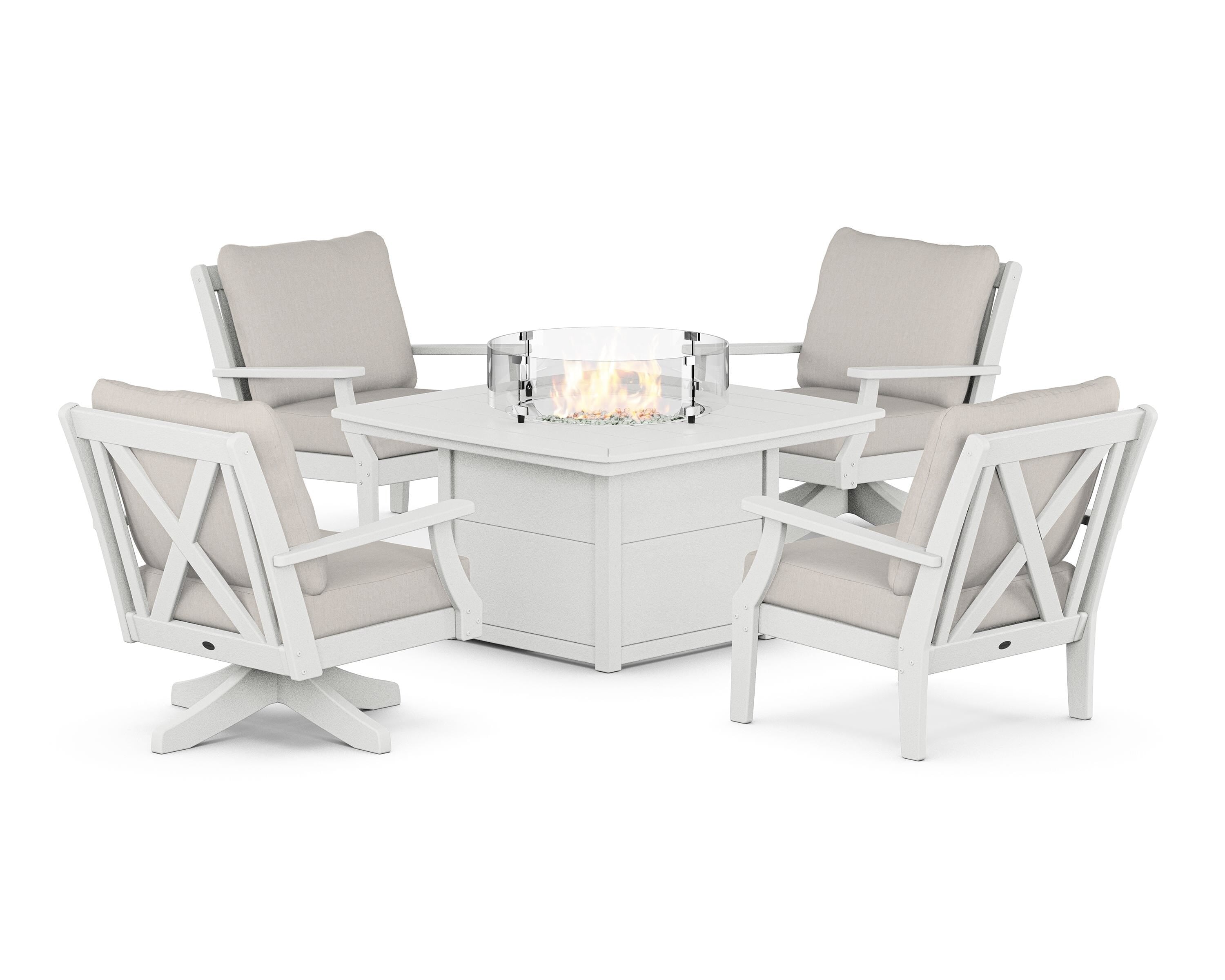 POLYWOOD® Braxton 5-Piece Deep Seating Set with Fire Table in Vintage White / Cast Ash