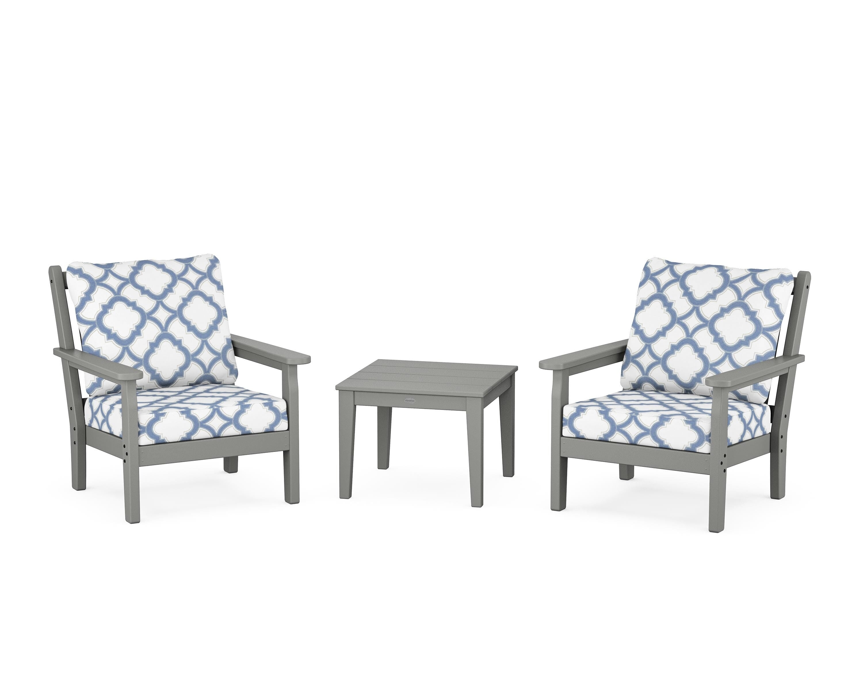 POLYWOOD® Chippendale 3-Piece Deep Seating Set in Slate Grey / Trellis Sky Blue