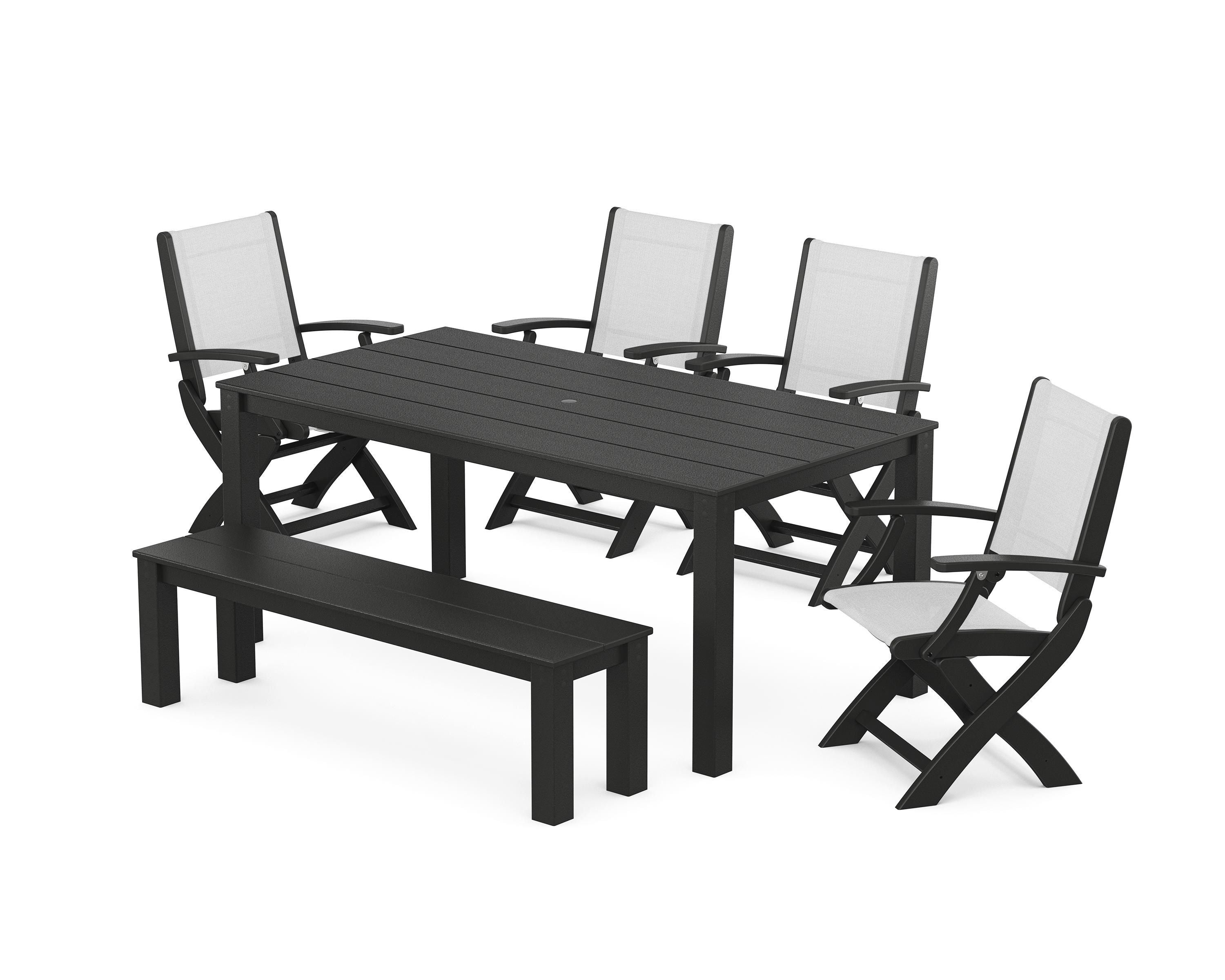 POLYWOOD® Coastal Folding Chair 6-Piece Parsons Dining Set with Bench in Black / White Sling