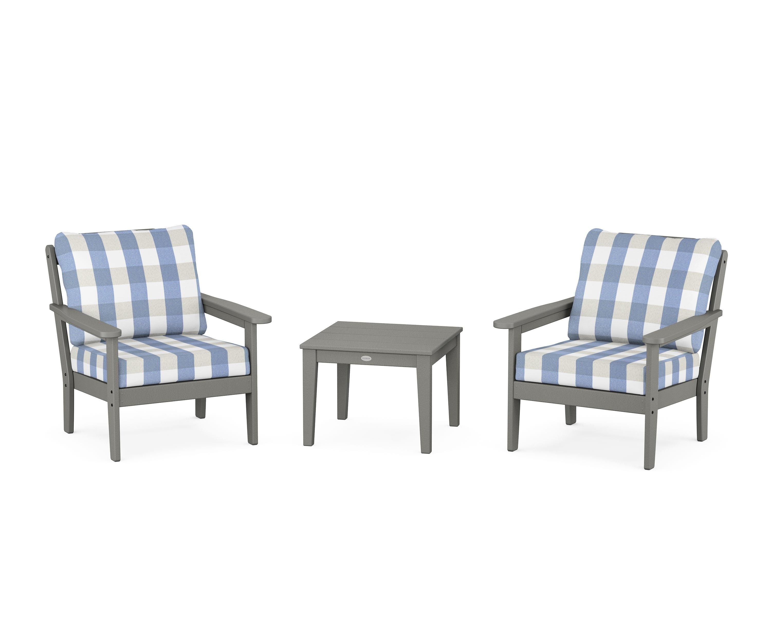 Country Living Cottage 3-Piece Deep Seating Set in Slate Grey / Buffalo Plaid Sky Blue