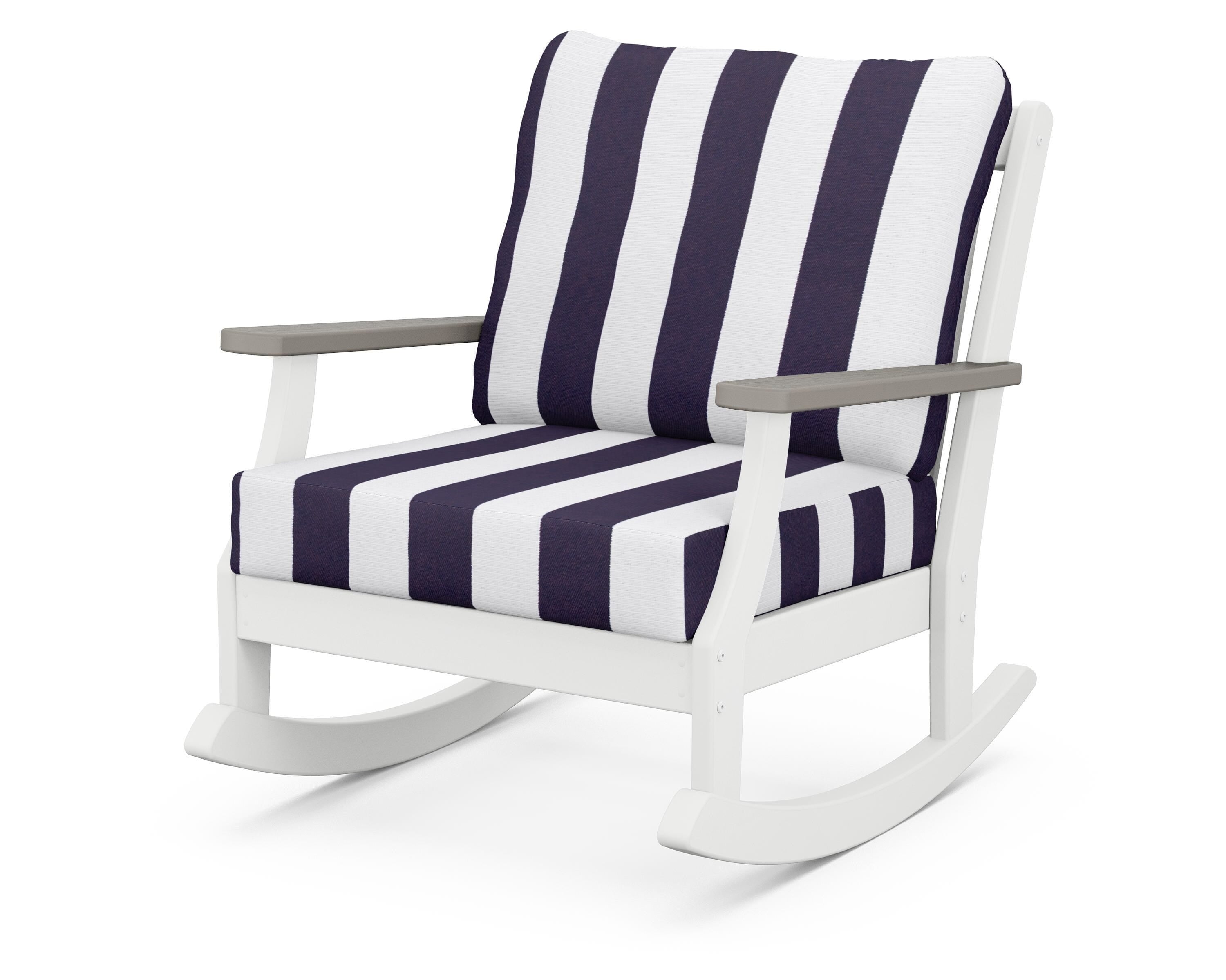 POLYWOOD® Braxton Deep Seating Rocking Chair in White / Driftwood / Cabana Stripe Navy
