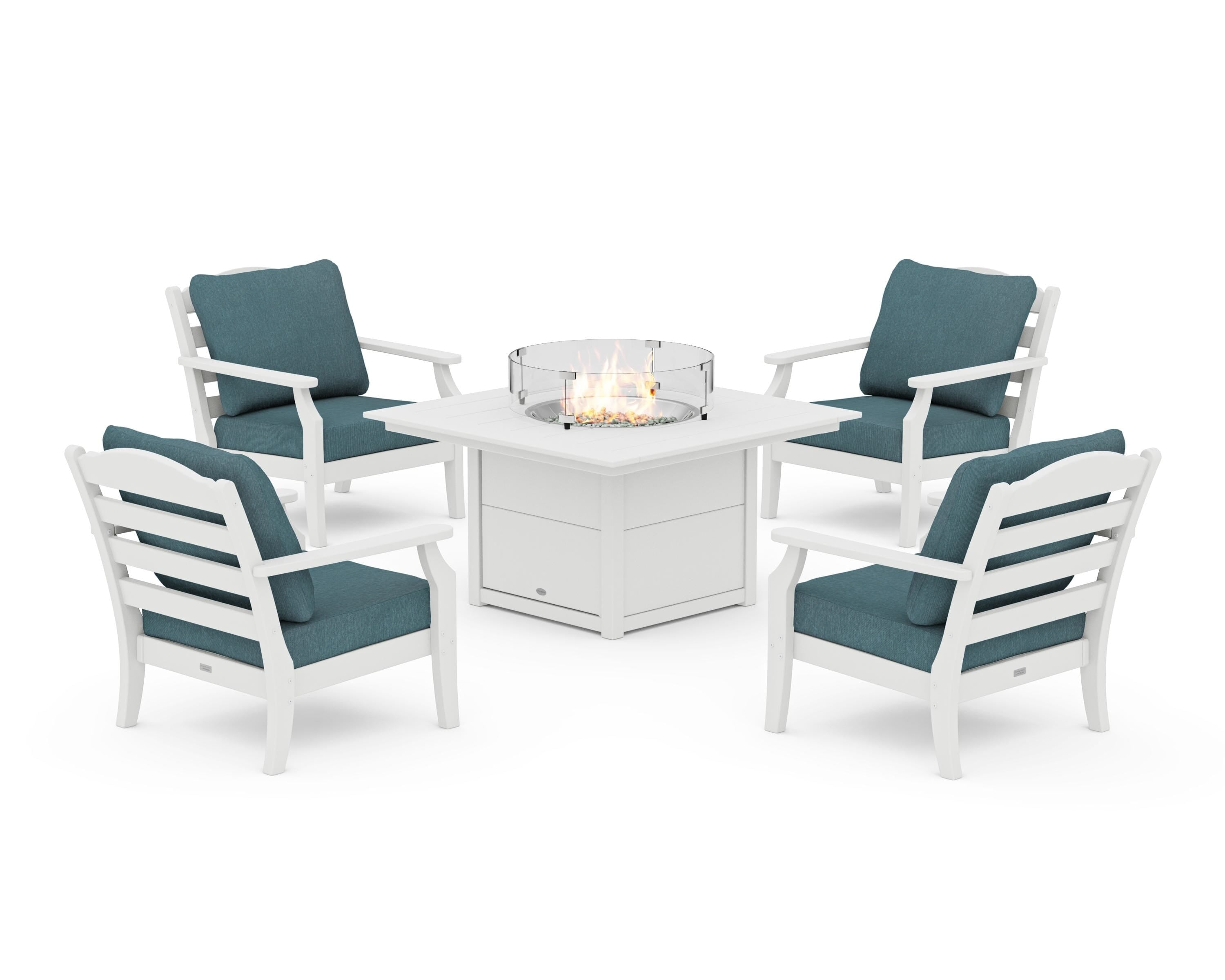 Draper James™ by POLYWOOD® Savannah 5-Piece Deep Seating Set with Fire Pit Table in White / Ocean Teal