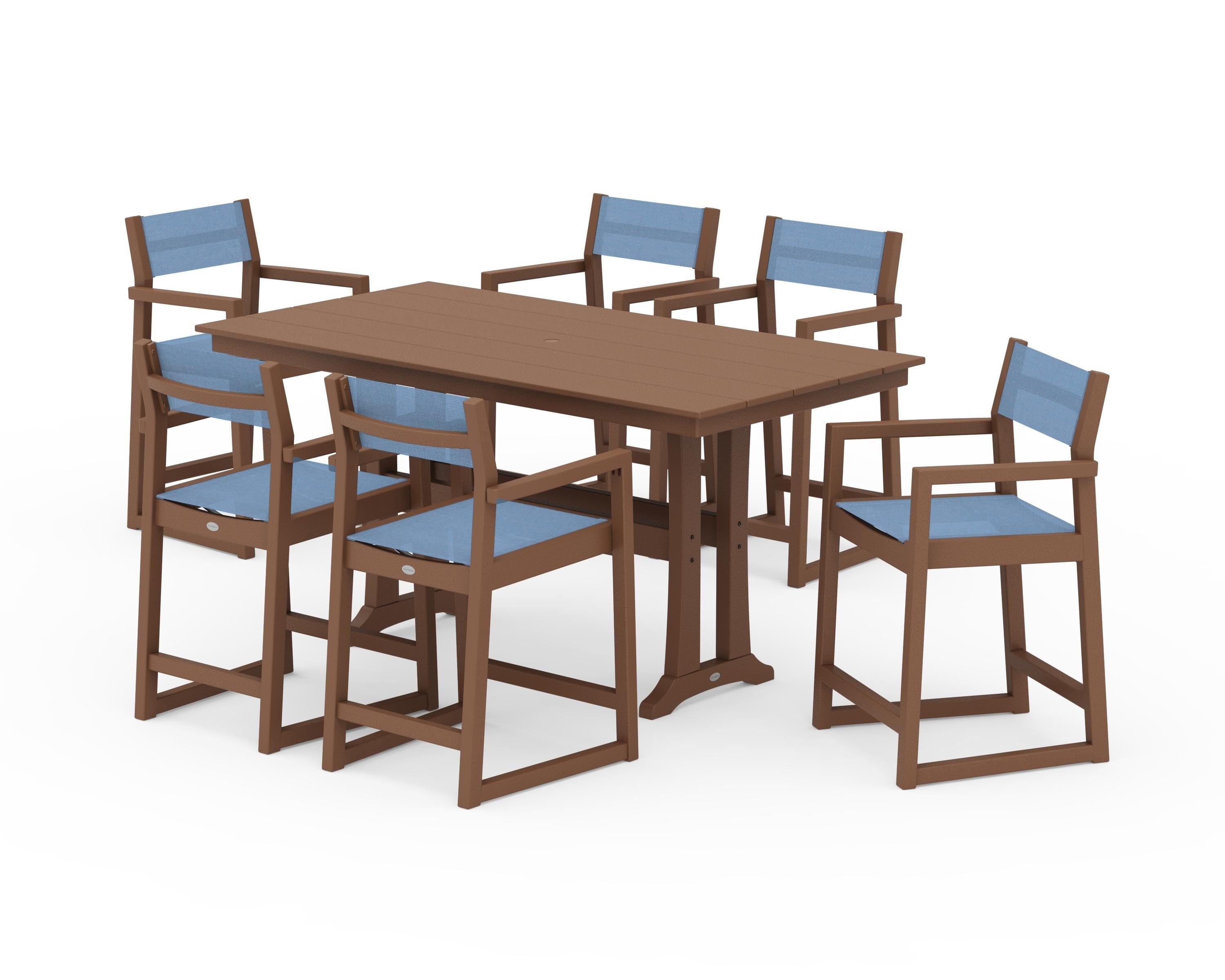 POLYWOOD® EDGE Sling Arm Chair 7-Piece Farmhouse Counter Set with Trestle Legs in Teak / Poolside Sling
