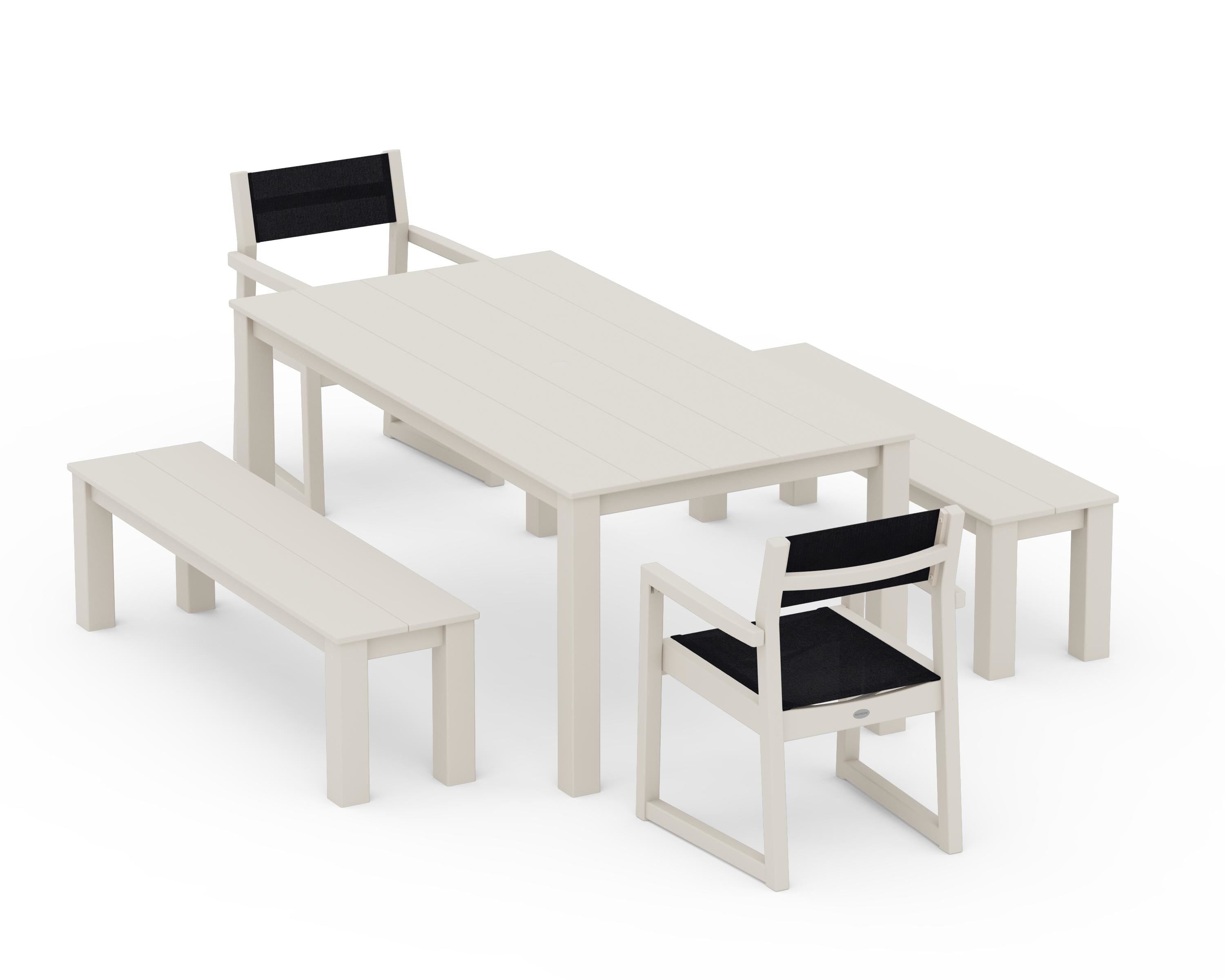 POLYWOOD® EDGE Sling Arm Chair 5-Piece Parsons Dining Set with Benches in Sand / Black Sling