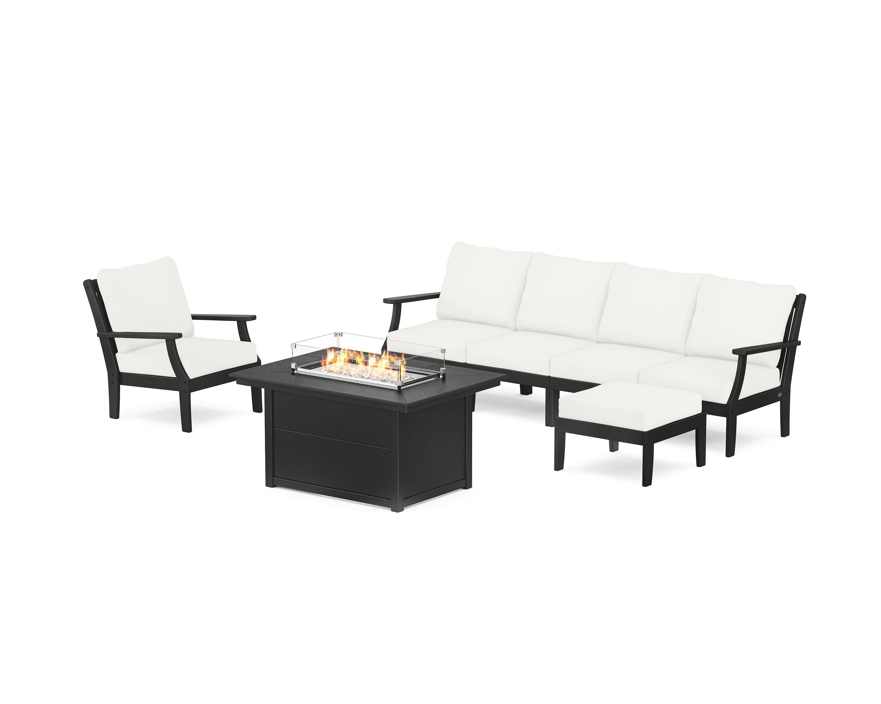 POLYWOOD® Braxton Sectional Lounge and Fire Pit Set in Black / Natural Linen
