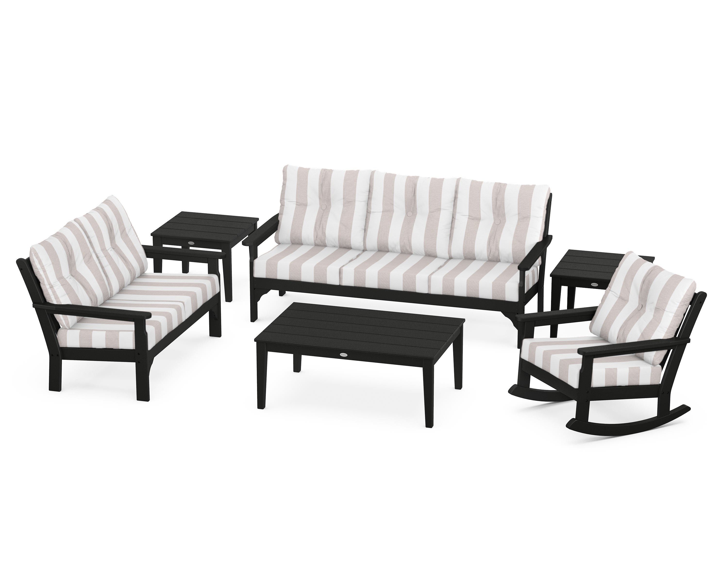 POLYWOOD® Vineyard 6-Piece Deep Seating Set in Black / Cabana Stripe Dune Burlap