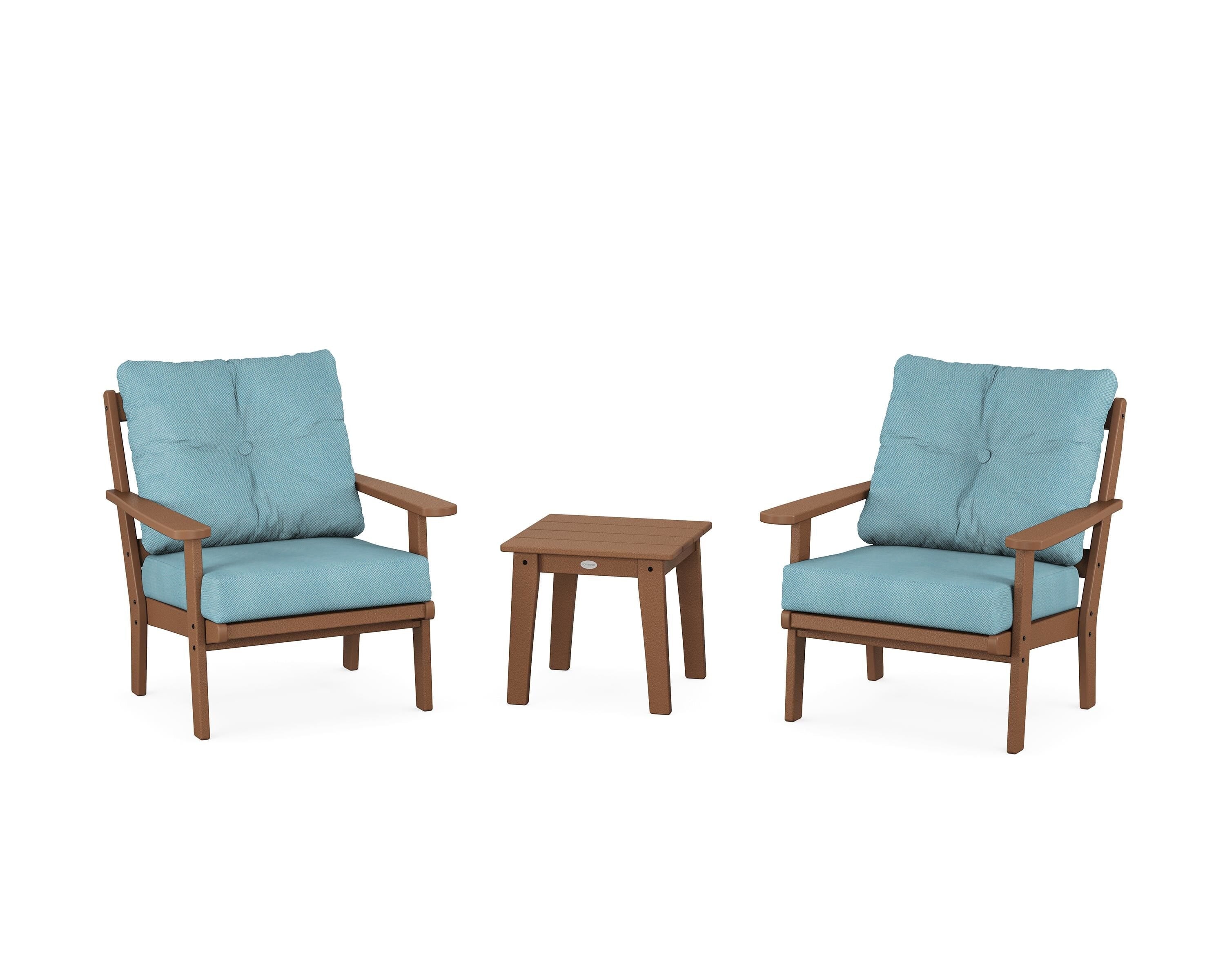 POLYWOOD® Mission 3-Piece Deep Seating Set in Teak / Lattice Sky Blue