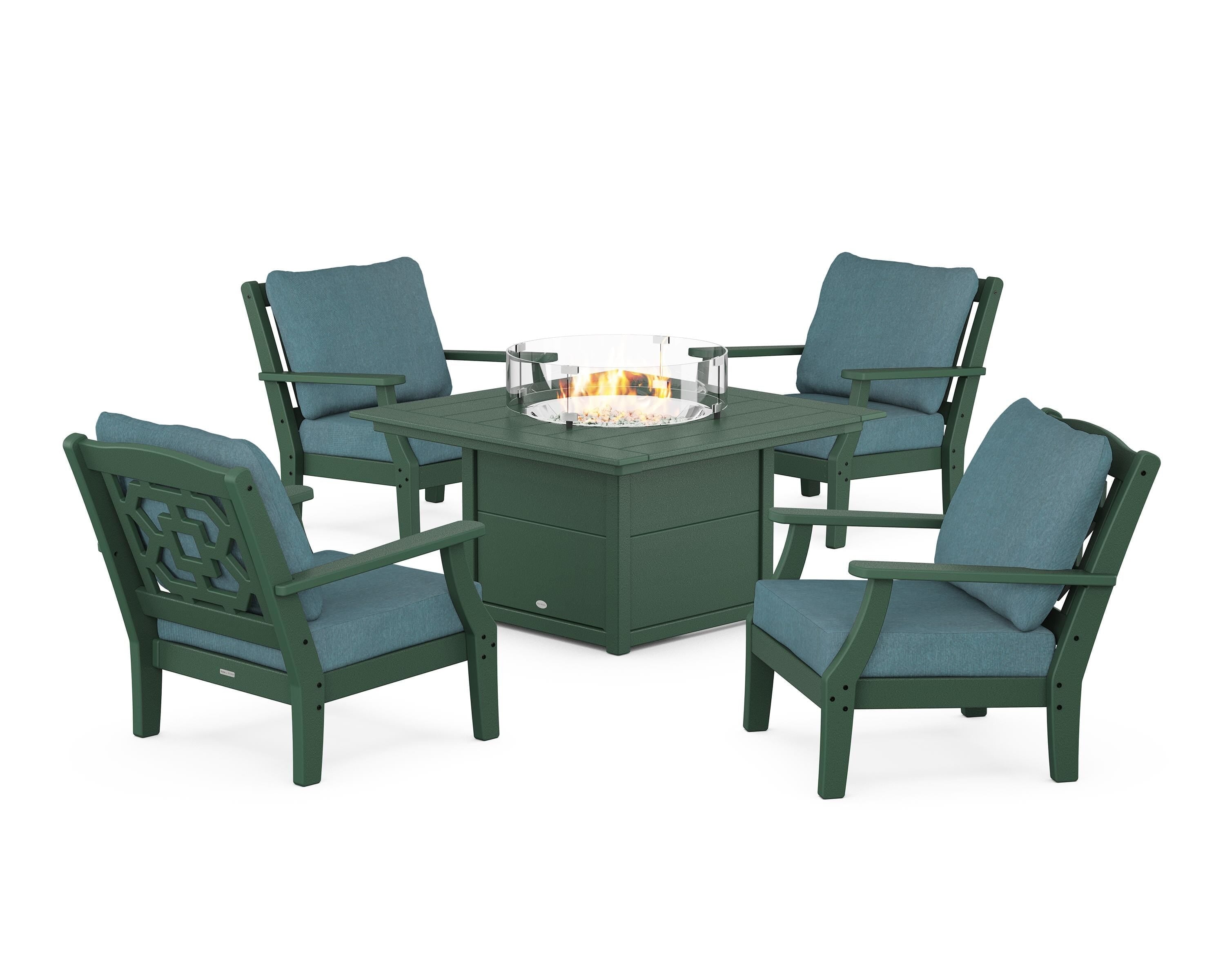 Martha Stewart by POLYWOOD® Chinoiserie 5-Piece Deep Seating Set with Fire Pit Table in Green / Ocean Teal