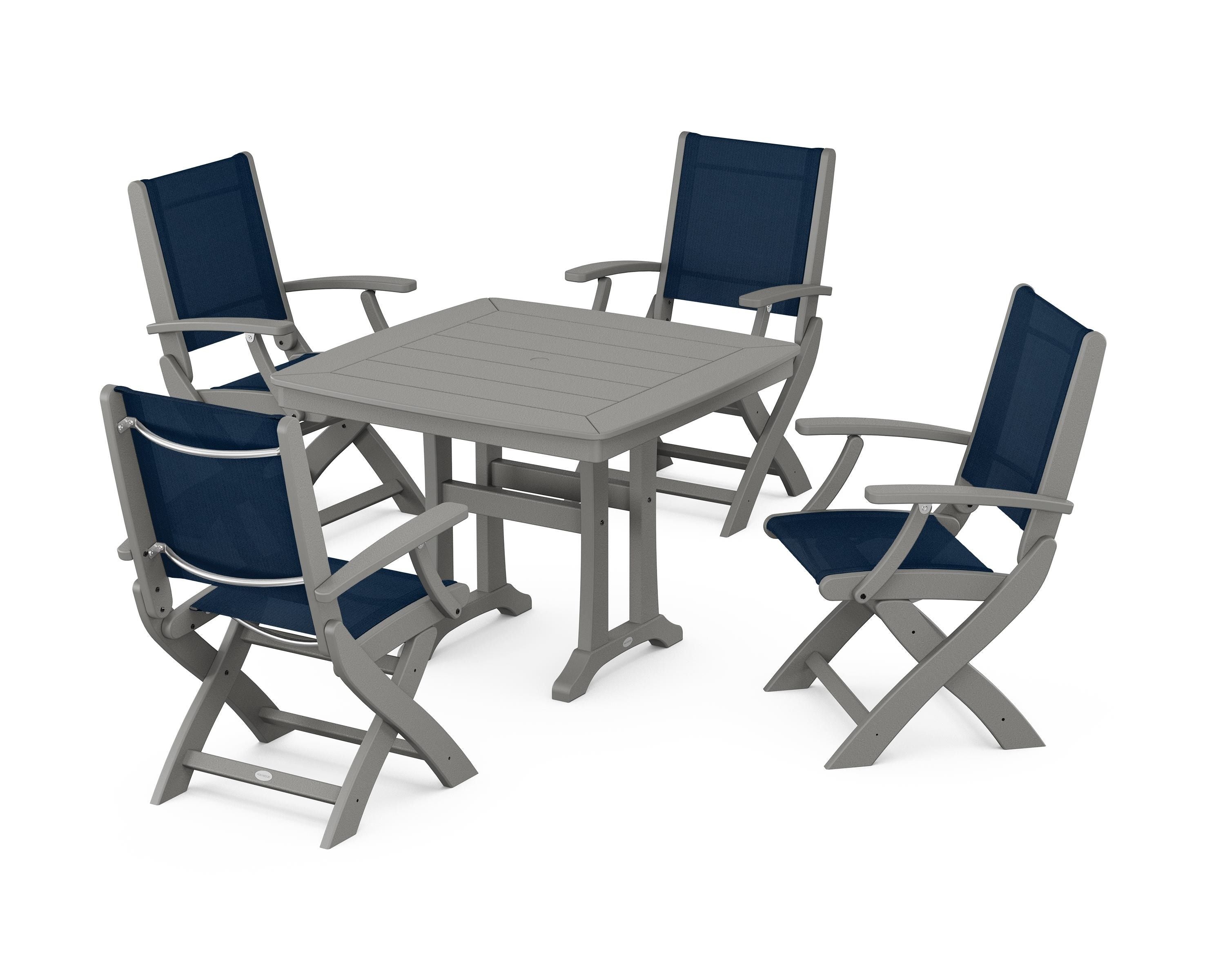 POLYWOOD® Coastal Folding Chair 5-Piece Dining Set with Trestle Legs in Slate Grey / Navy Blue Sling