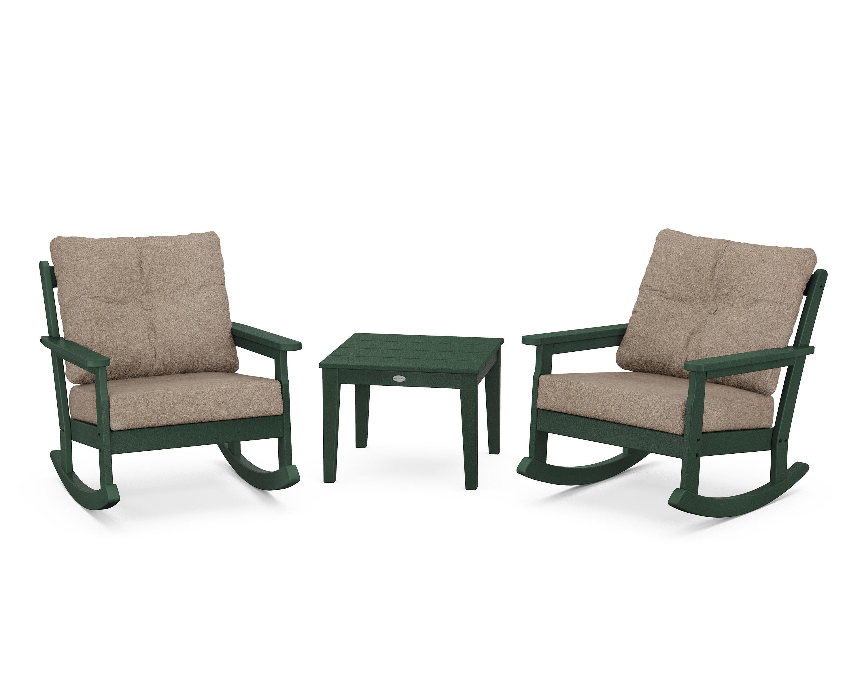 POLYWOOD® Vineyard 3-Piece Deep Seating Rocker Set in Green / Spiced Burlap