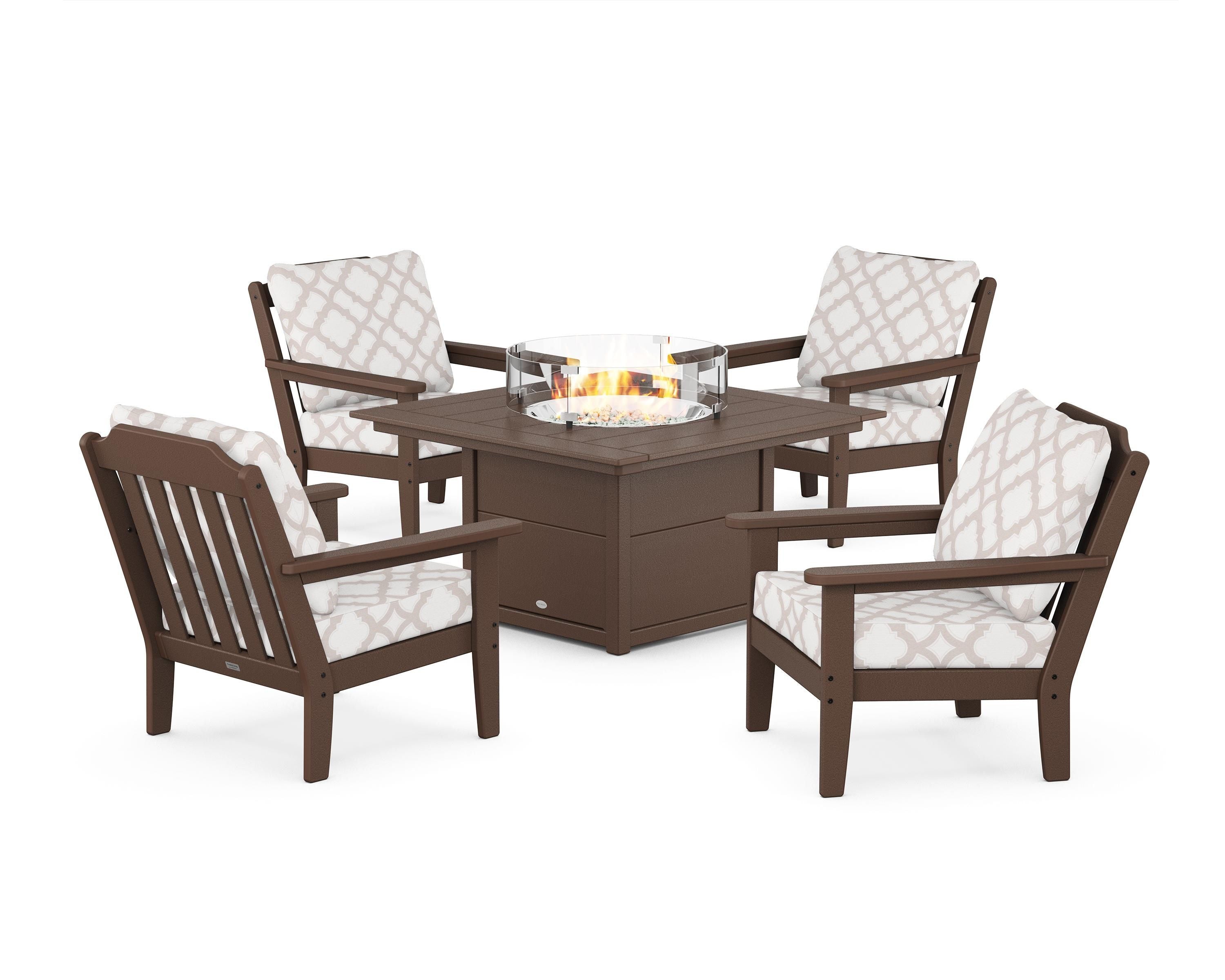 Country Living Cottage 5-Piece Deep Seating Set with Fire Pit Table in Mahogany / Trellis Dune Burlap