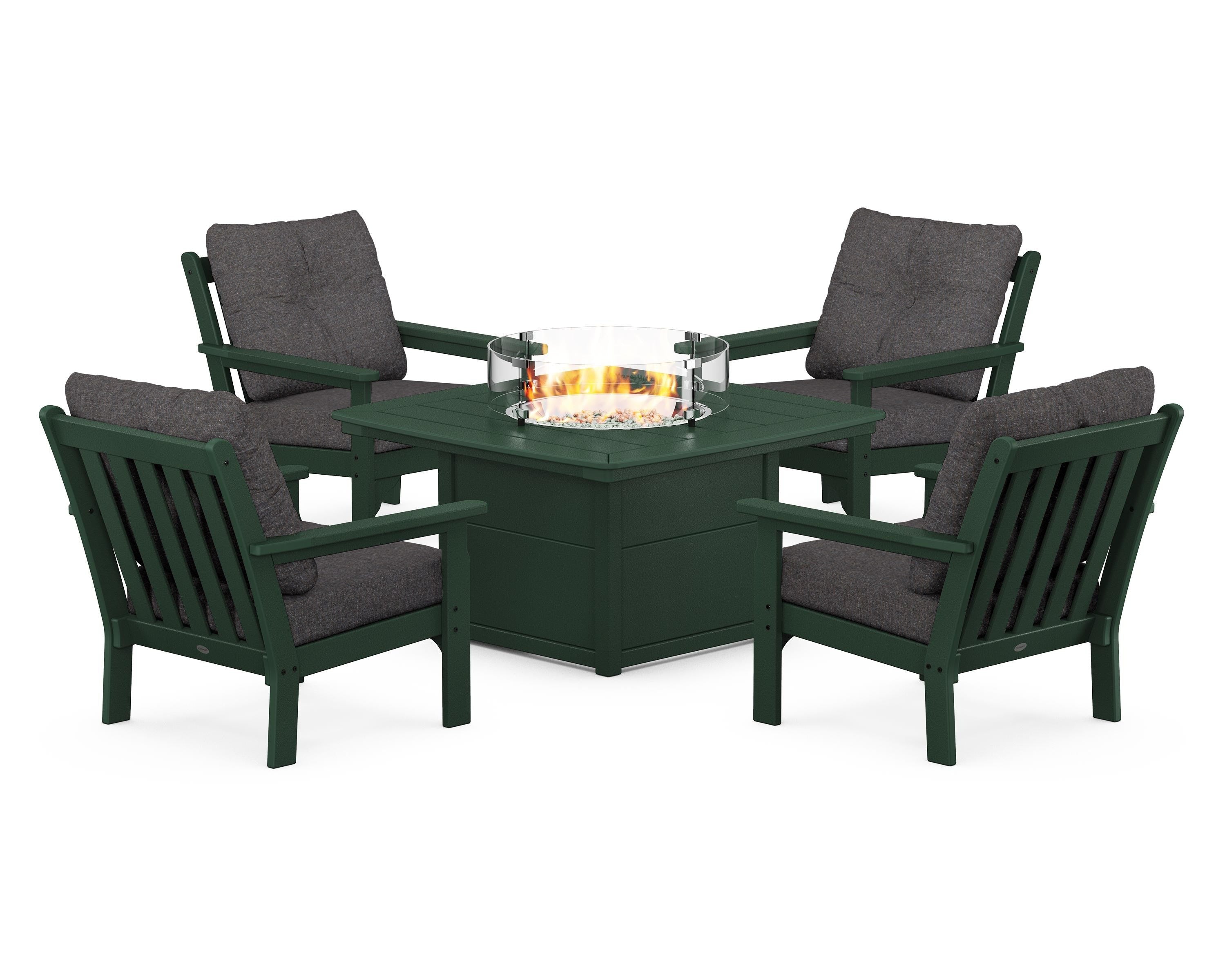 POLYWOOD® Vineyard 5-Piece Conversation Set with Fire Pit Table in Green / Ash Charcoal