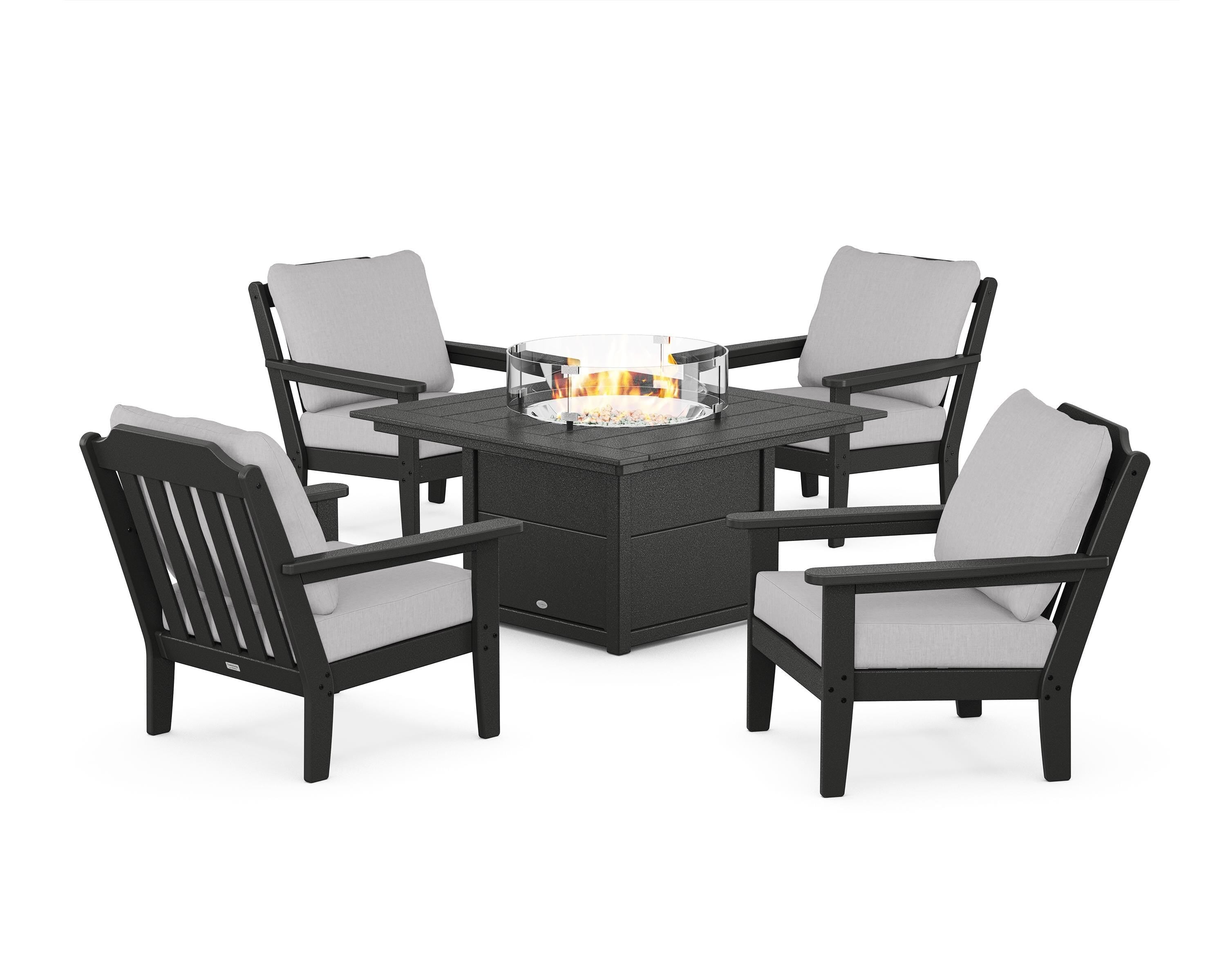 Country Living Cottage 5-Piece Deep Seating Set with Fire Pit Table in Black / Granite