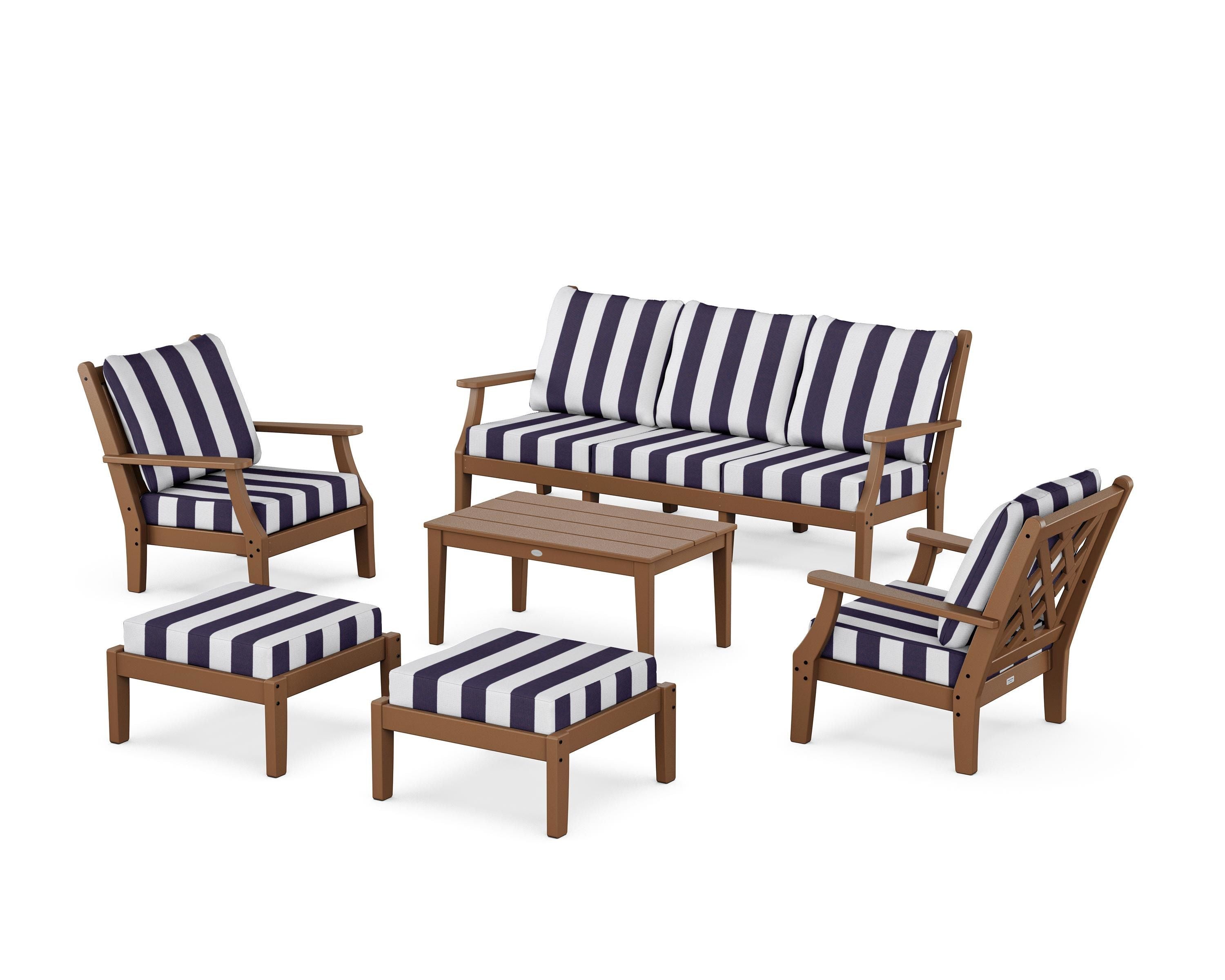 Country Living Wovendale 6-Piece Lounge Sofa Set in Teak / Cabana Stripe Navy