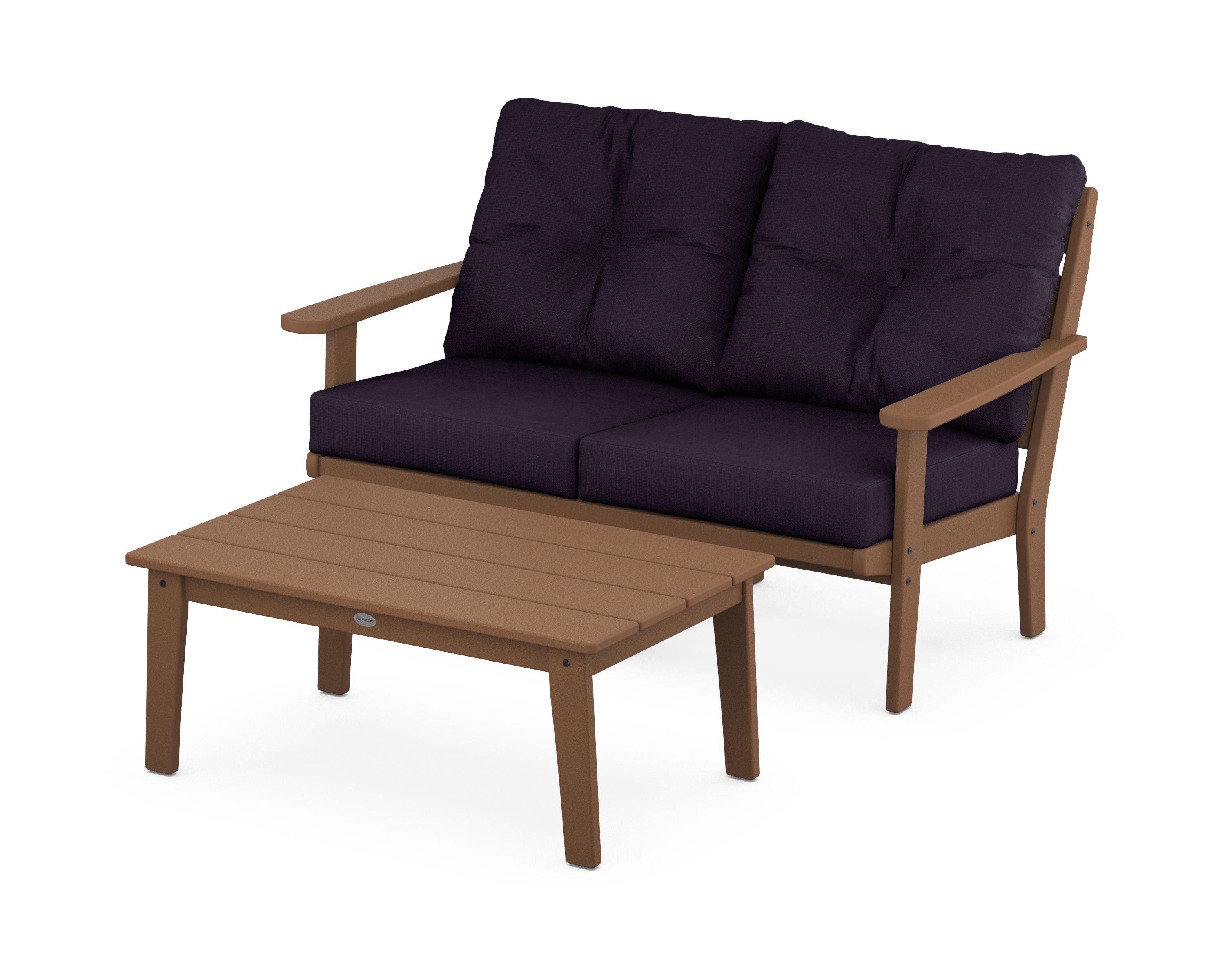 POLYWOOD® Lakeside 2-Piece Lounge Loveseat Set in Teak / Navy Linen