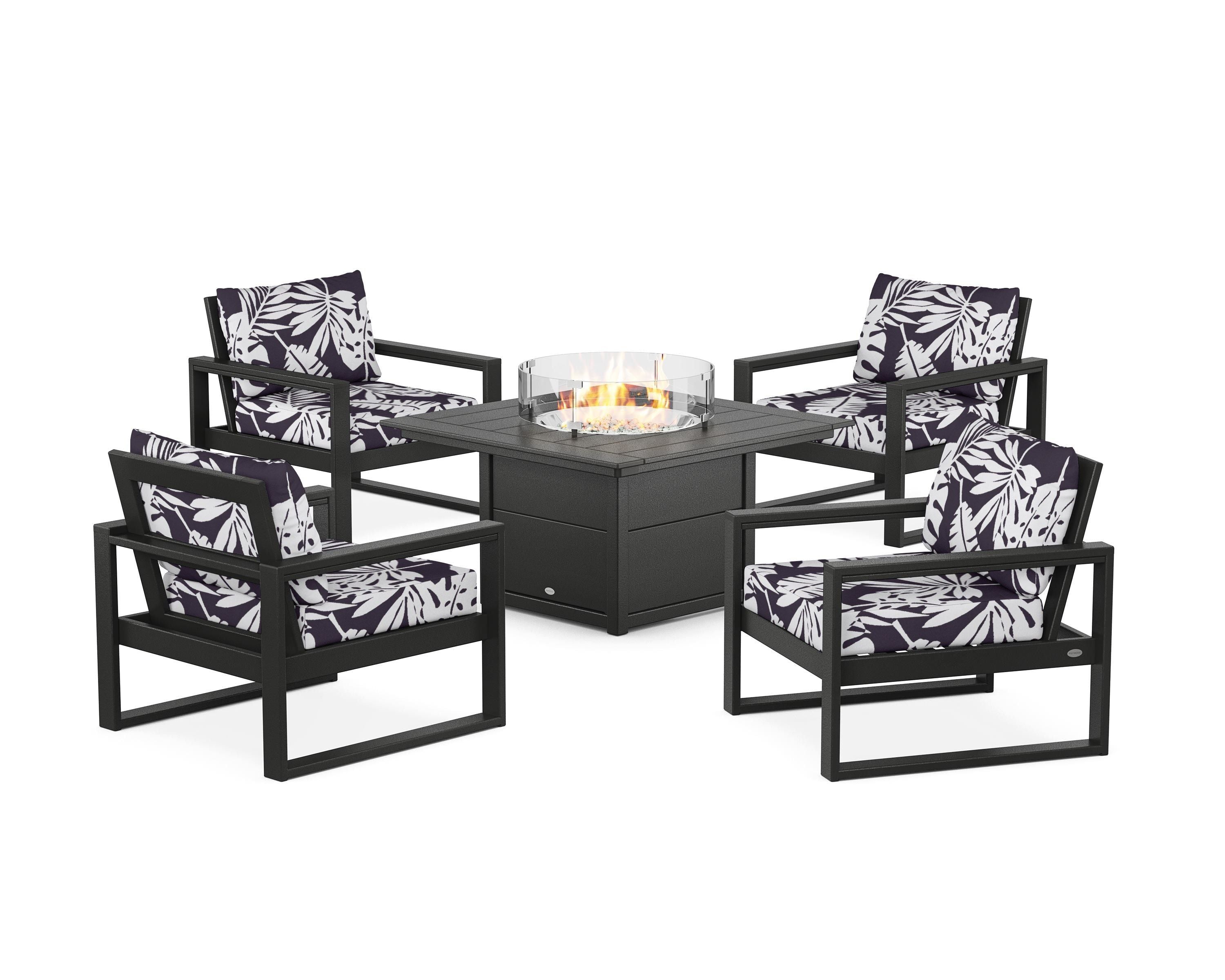 POLYWOOD® EDGE Sectional 5-Piece Deep Seating Set with Fire Pit Table in Black / Leaf Navy