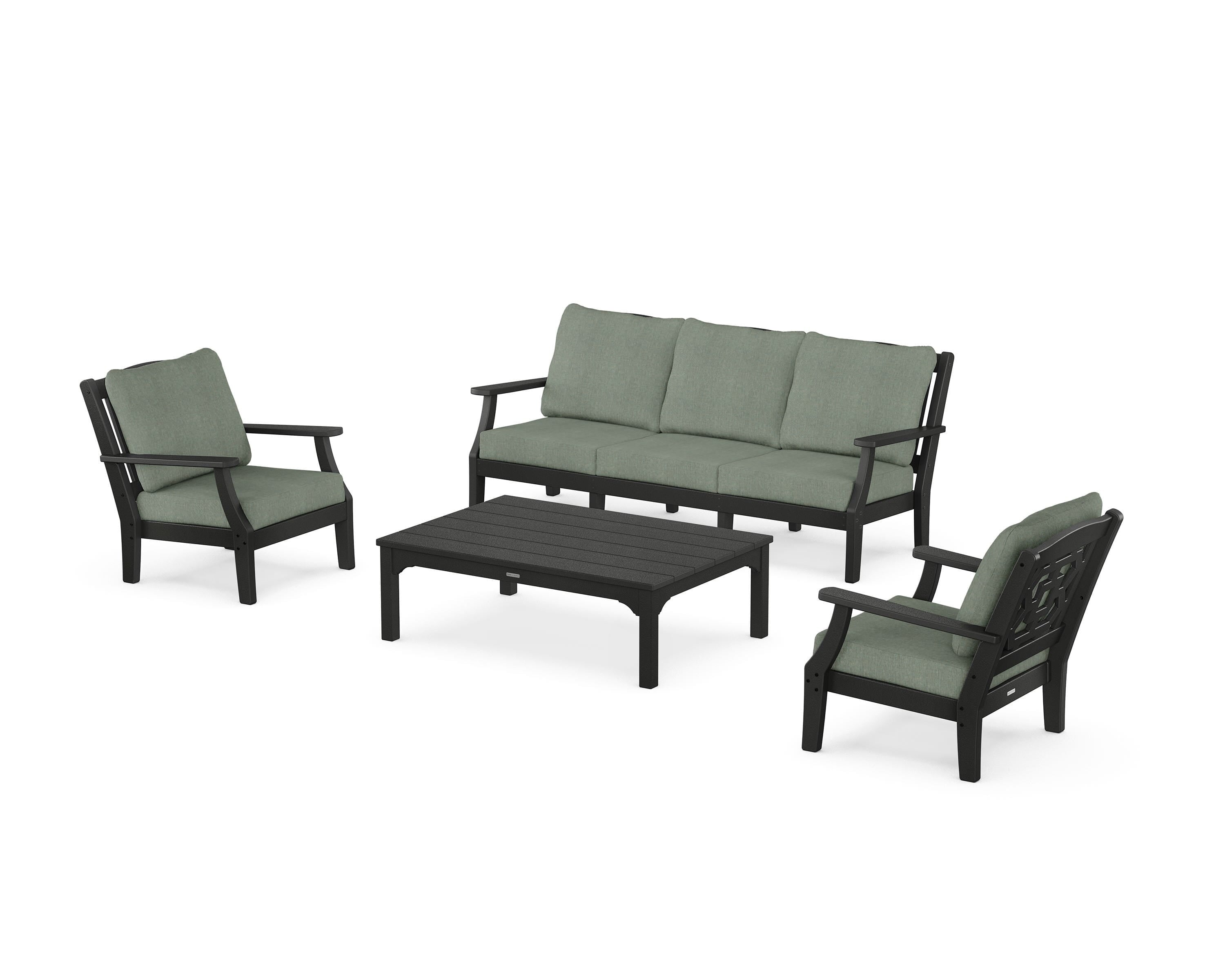 Martha Stewart by POLYWOOD® Chinoiserie 4-Piece Deep Seating Set with Sofa in Black / Cast Sage