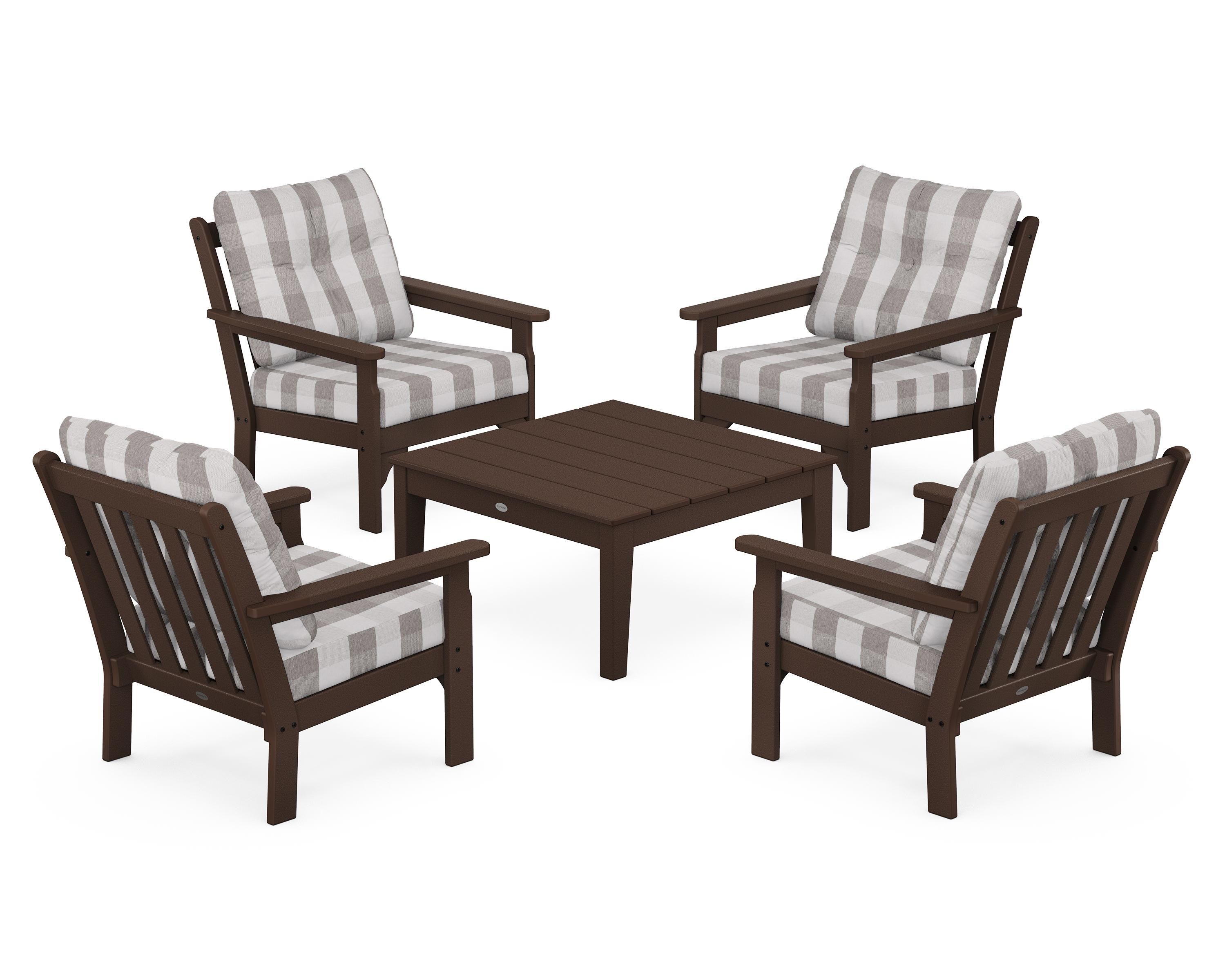 POLYWOOD® Vineyard 5-Piece Deep Seating Conversation Set in Mahogany / Buffalo Plaid Grey Mist