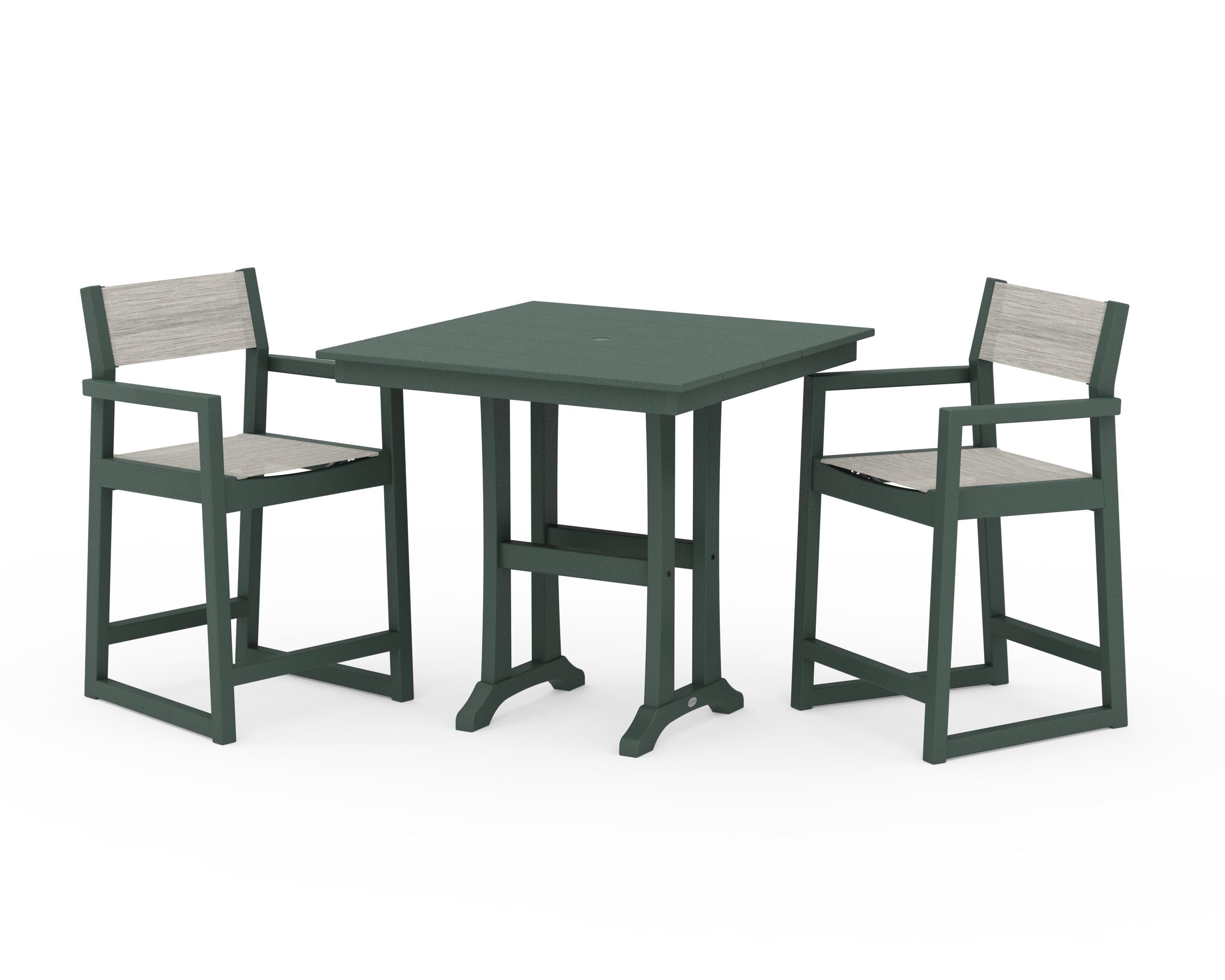 POLYWOOD® EDGE Sling Arm Chair 3-Piece Farmhouse Counter Set with Trestle Legs in Green / Birch Sling