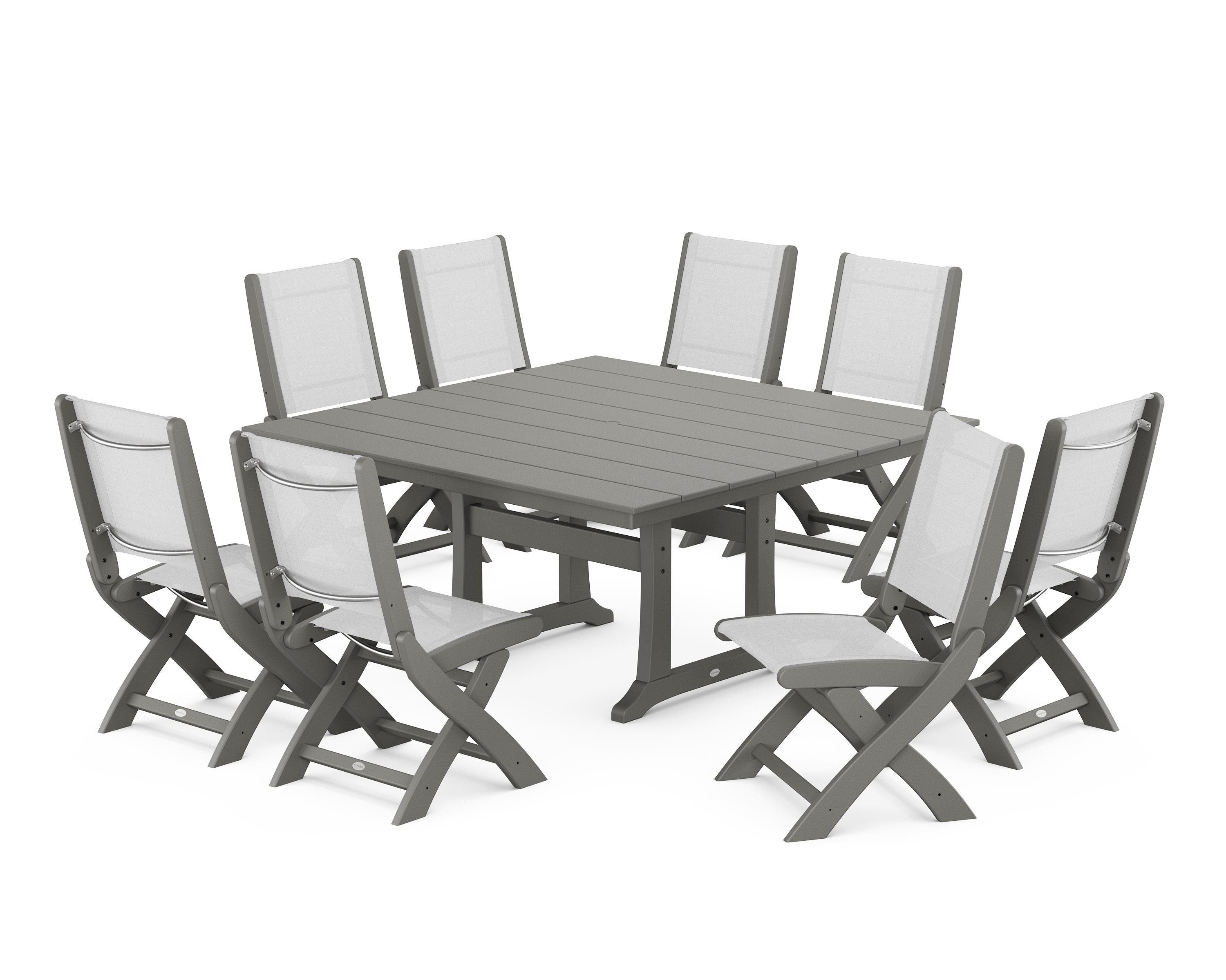 POLYWOOD® Coastal Folding Side Chair 9-Piece Farmhouse Dining Set in Slate Grey / White Sling