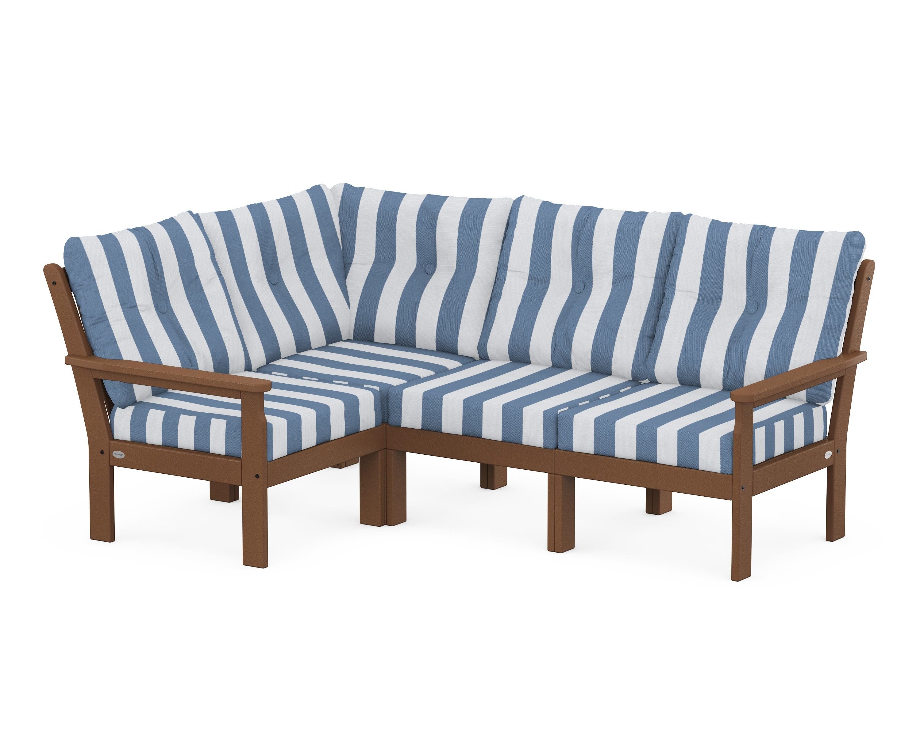 POLYWOOD® Vineyard 4-Piece Sectional in Teak / Cabana Stripe Sky Blue