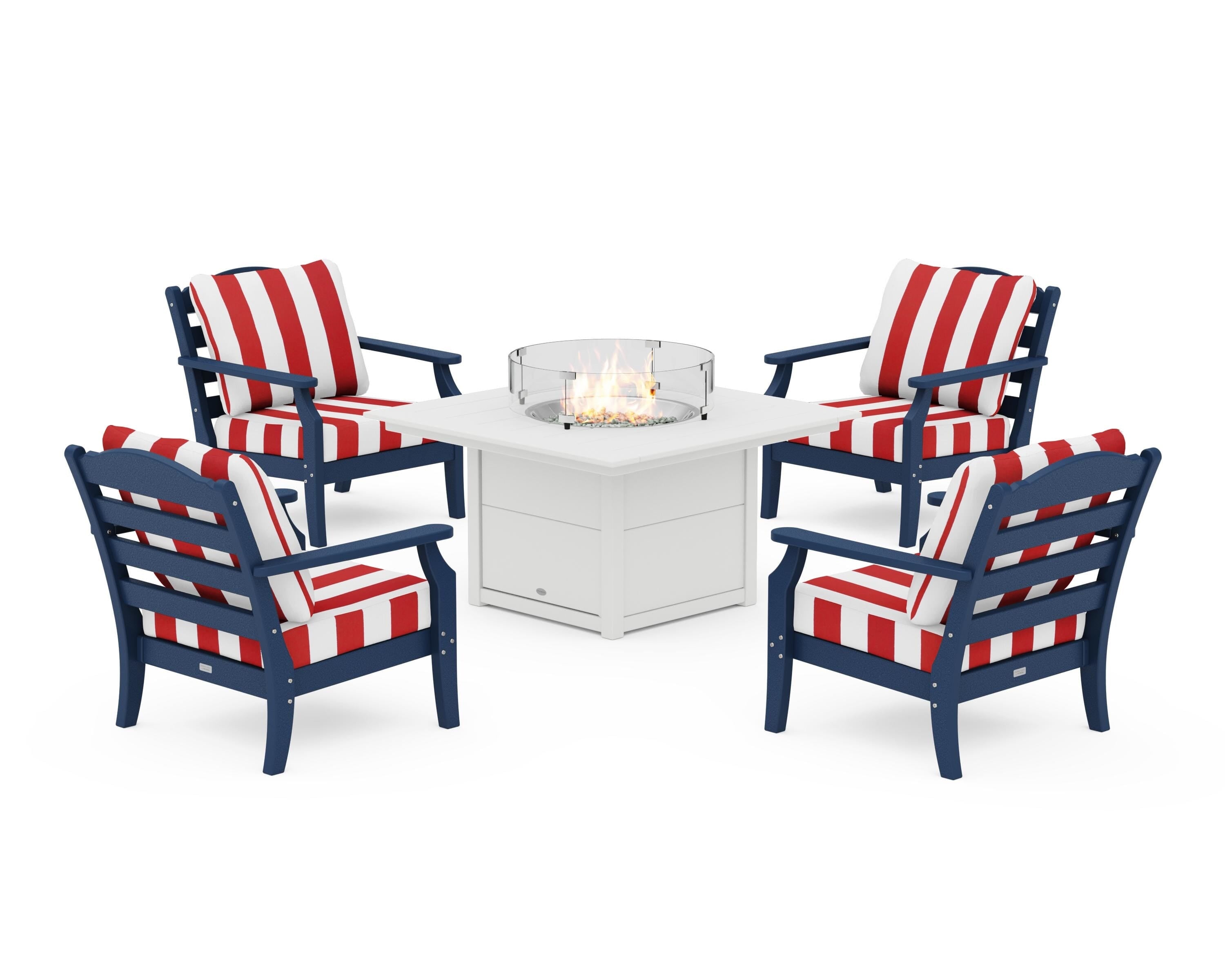 Draper James™ by POLYWOOD® Savannah 5-Piece Deep Seating Set with Fire Pit Table in Navy / Cabana Stripe Crimson