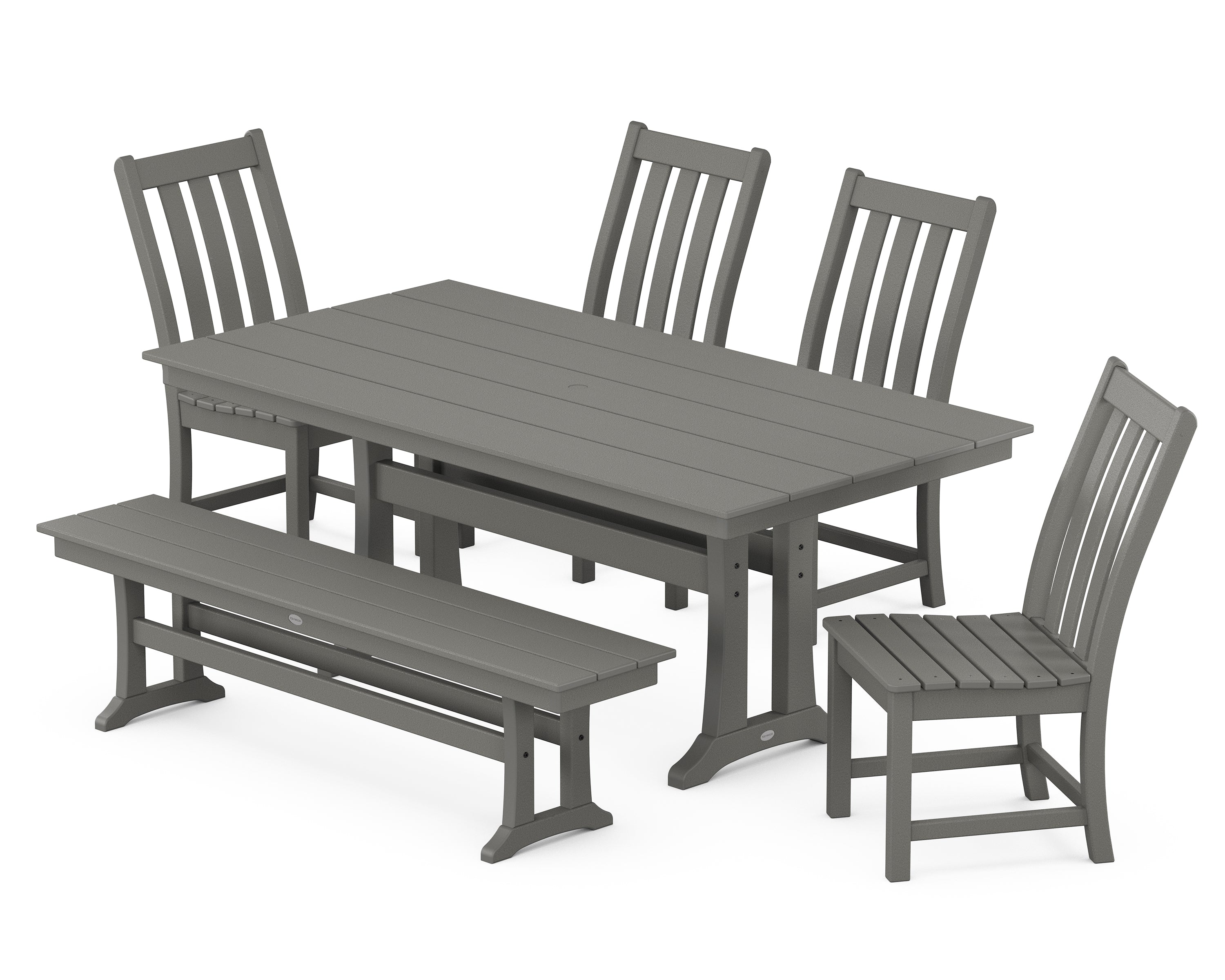 POLYWOOD® Vineyard Side Chair 6-Piece Farmhouse Dining Set with Trestle Legs and Bench in Slate Grey