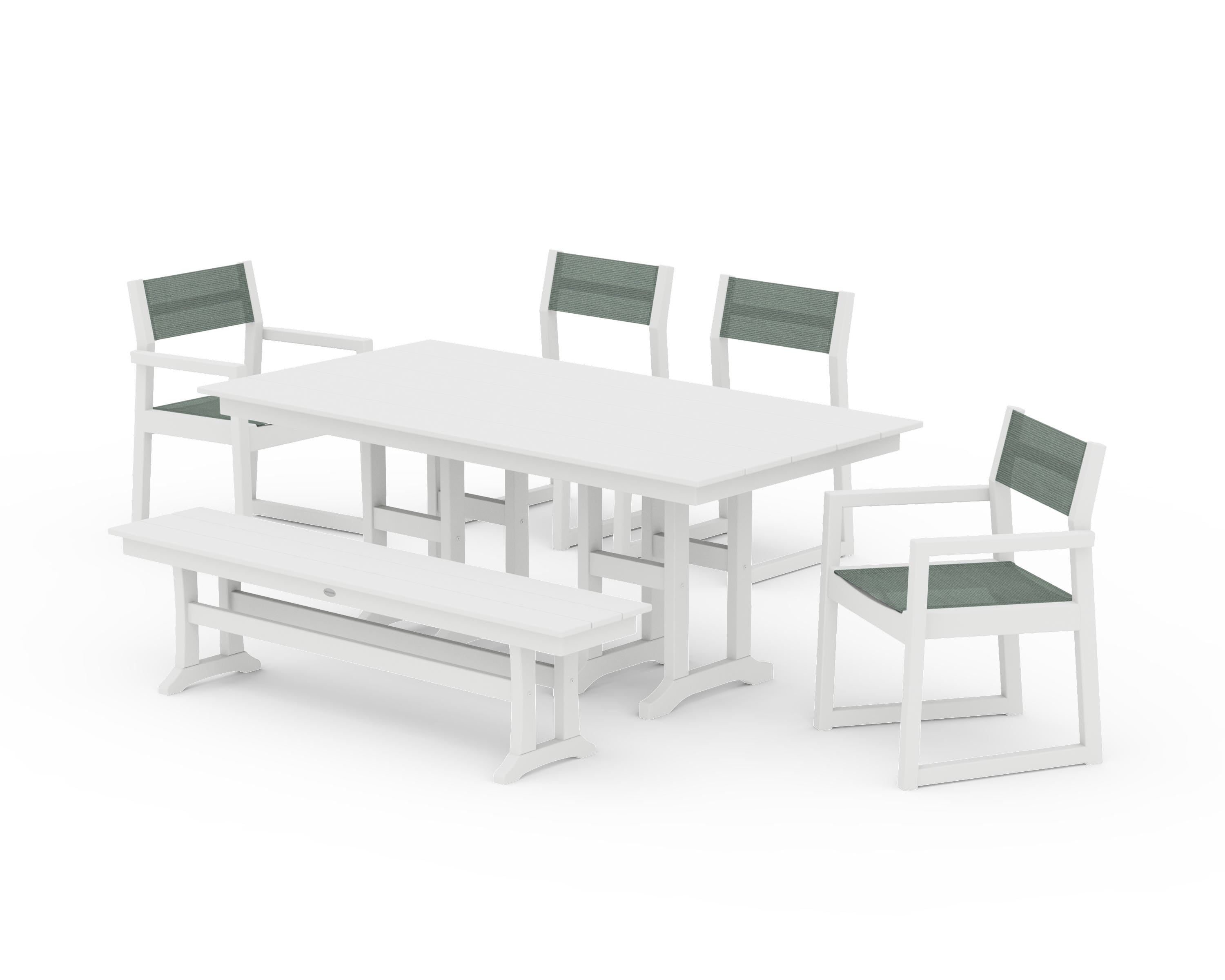POLYWOOD® EDGE Sling 6-Piece Farmhouse Dining Set in White / Dupioni Sea Mist Sling