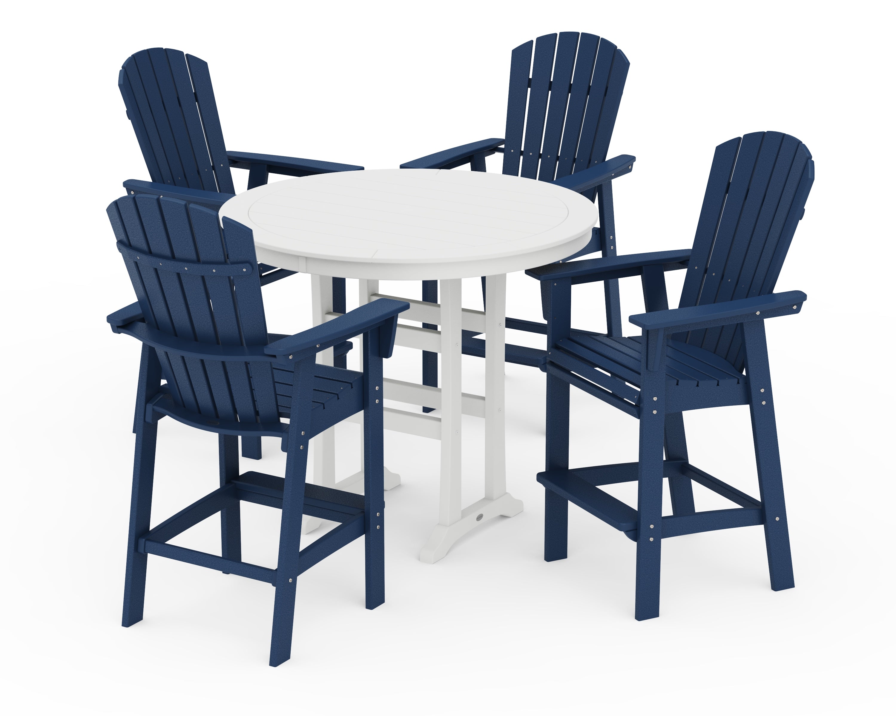 POLYWOOD® Nautical Curveback Adirondack 5-Piece Round Trestle Bar Set in Navy / White