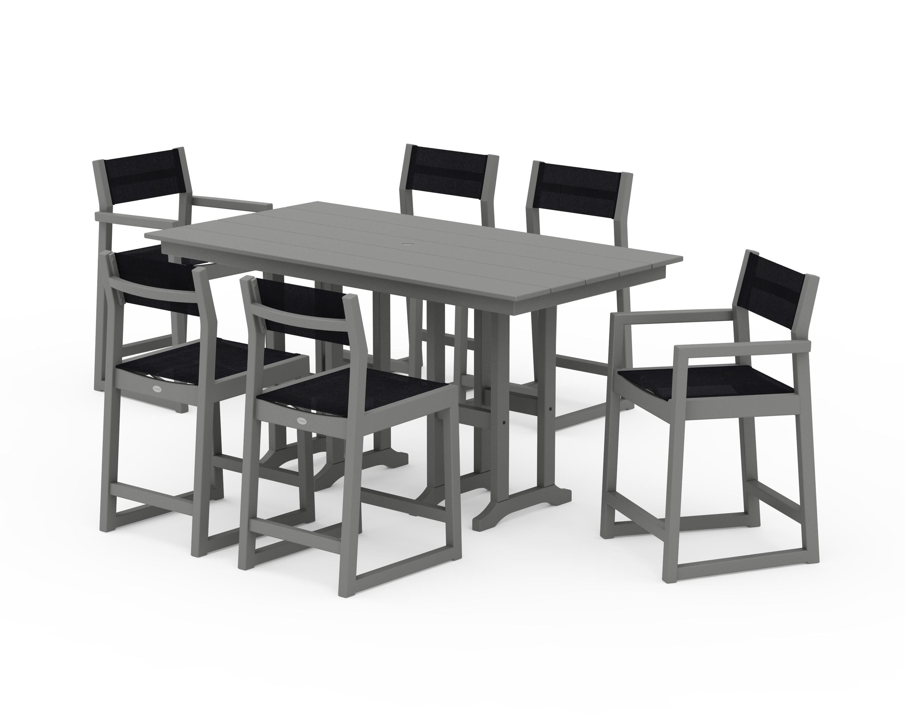 POLYWOOD® EDGE Sling 7-Piece Farmhouse Counter Set with Trestle Legs in Slate Grey / Black Sling