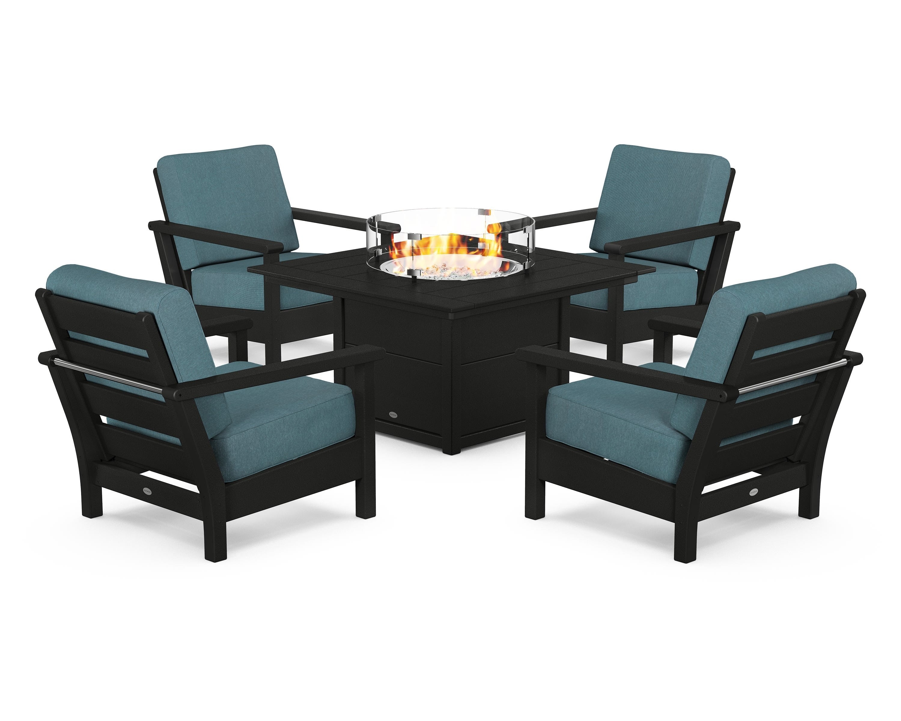 POLYWOOD® Harbour 5-Piece Conversation Set with Fire Pit Table in Black / Ocean Teal